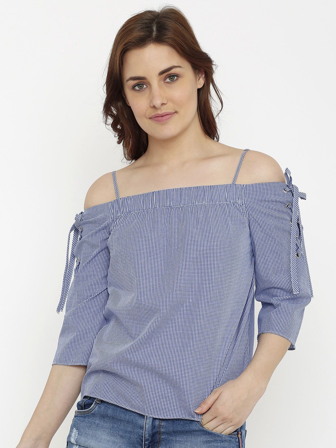 

Kraus Jeans Checked Off-Shoulder Cold-Shoulder Cotton Top, Blue