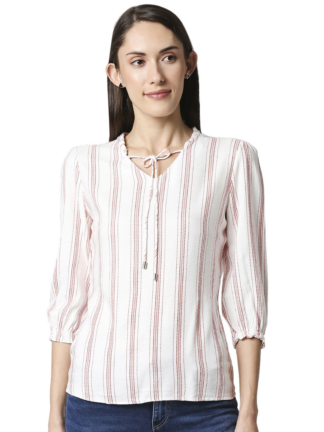 Kraus Jeans Women Striped Three-Quarter Sleeves Top, Red