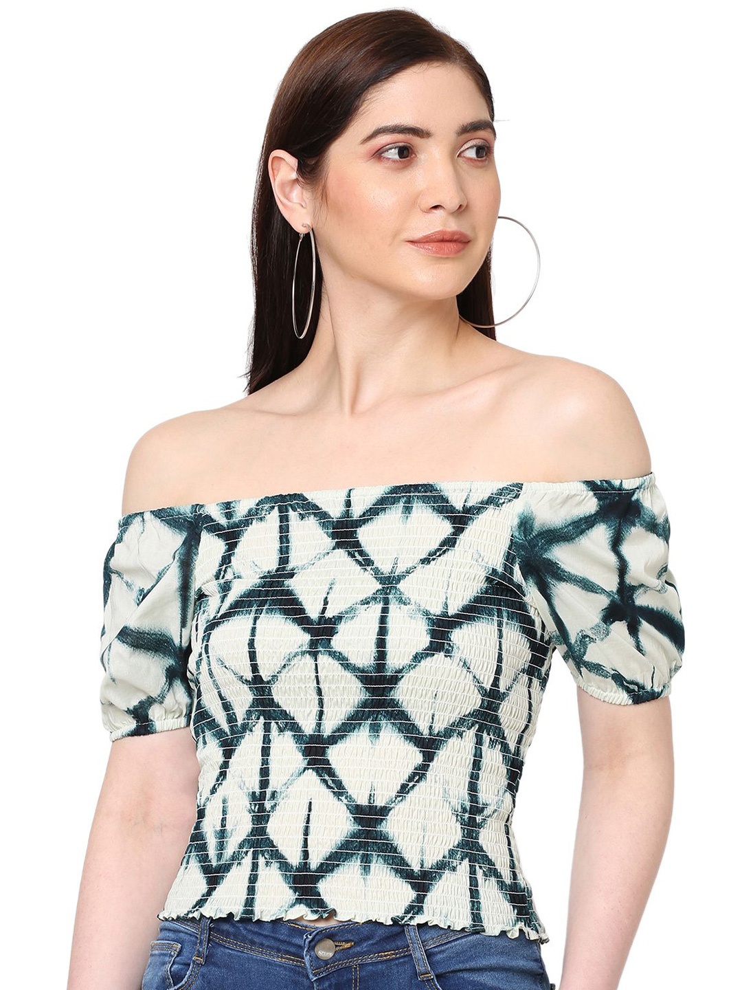 

Kraus Jeans Women Print Cotton Bardot Crop Top, Cream