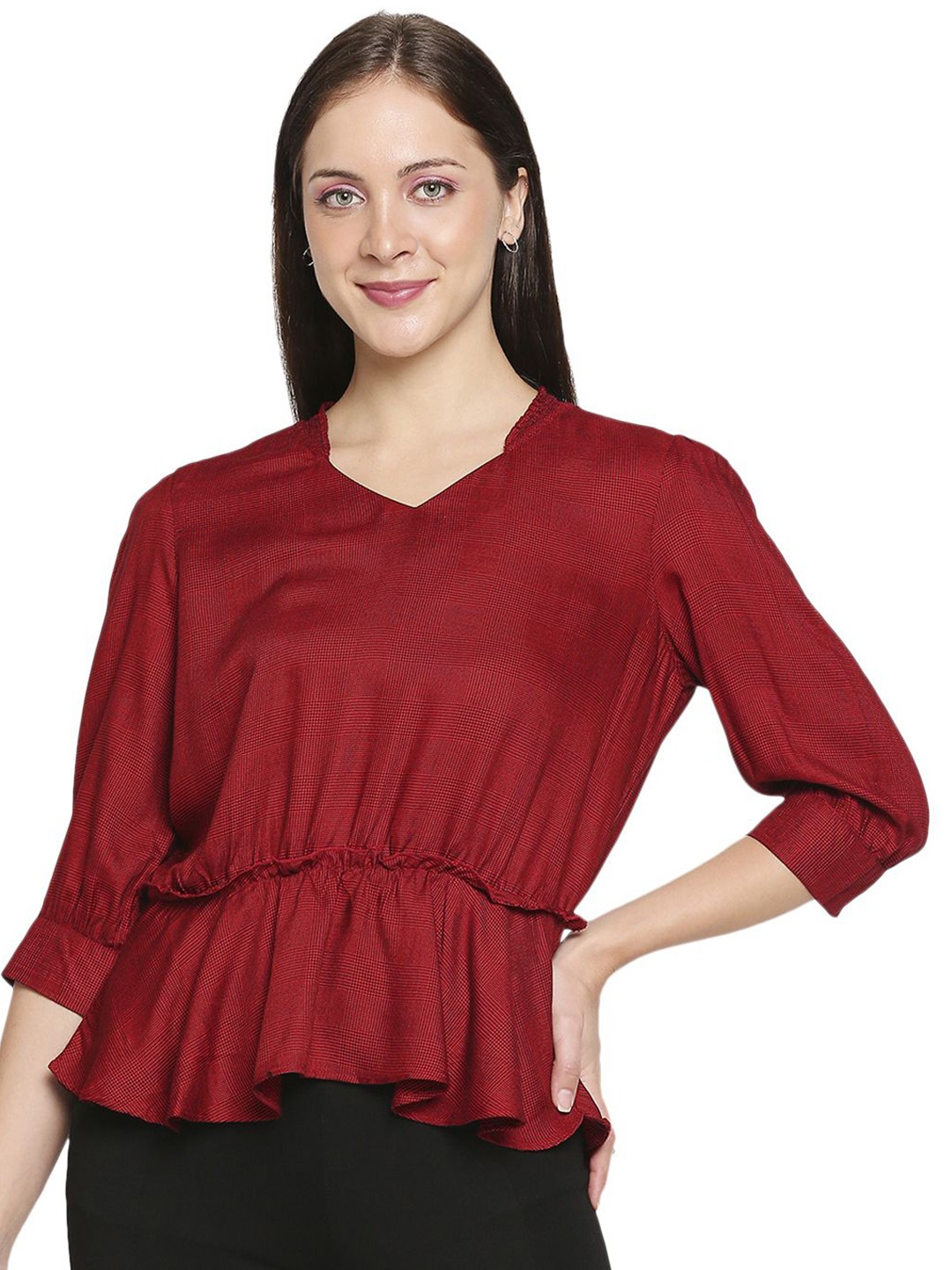 Kraus Jeans Women Checked Cinched Waist Top, Red