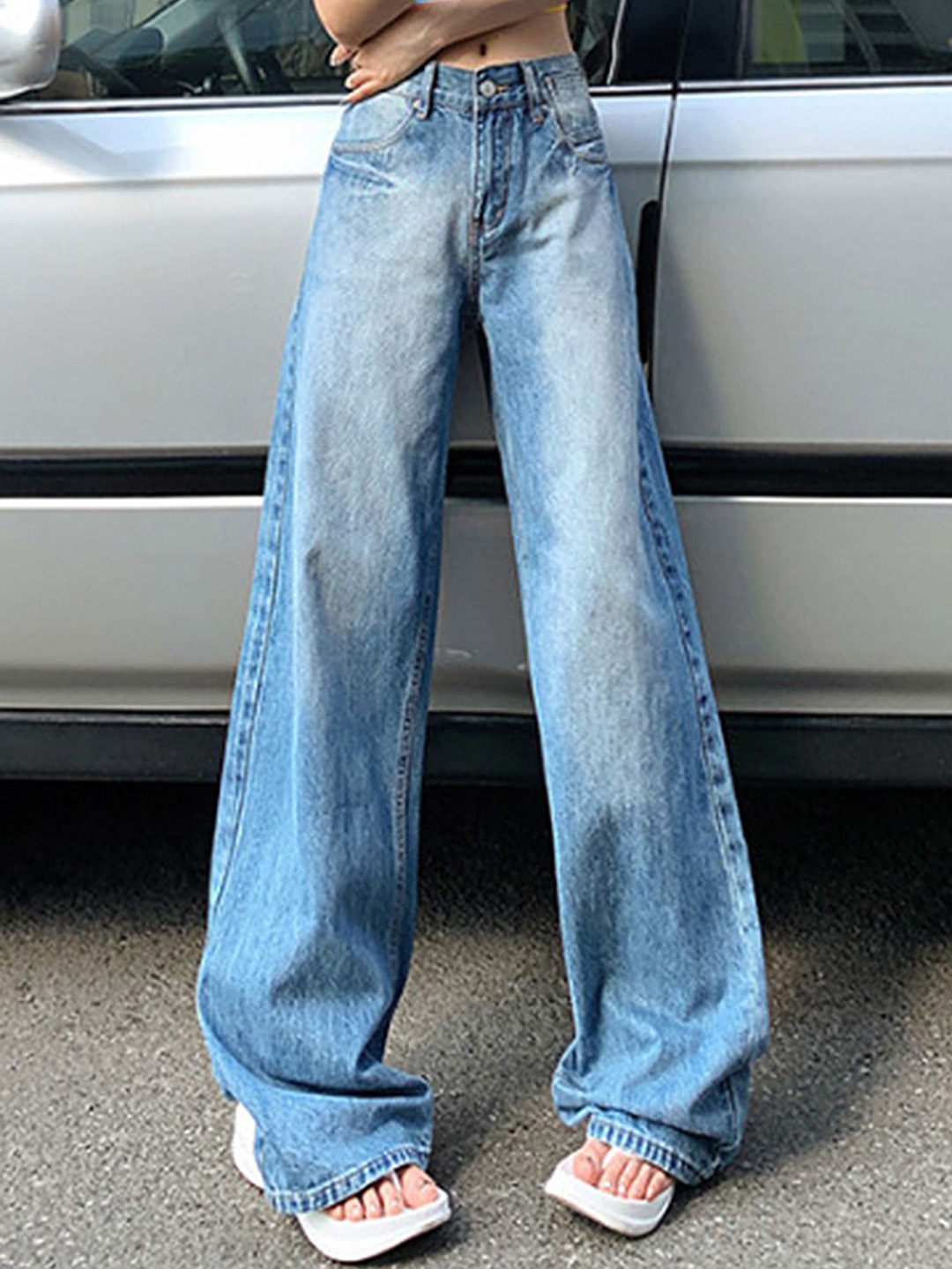 

LULU & SKY Women Wide Leg High-Rise Heavy Fade Cotton Jeans, Blue