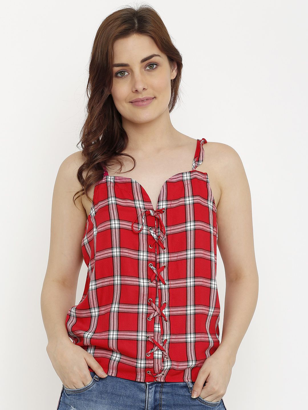 

Kraus Jeans Women Checked Shoulder Straps Top, Red