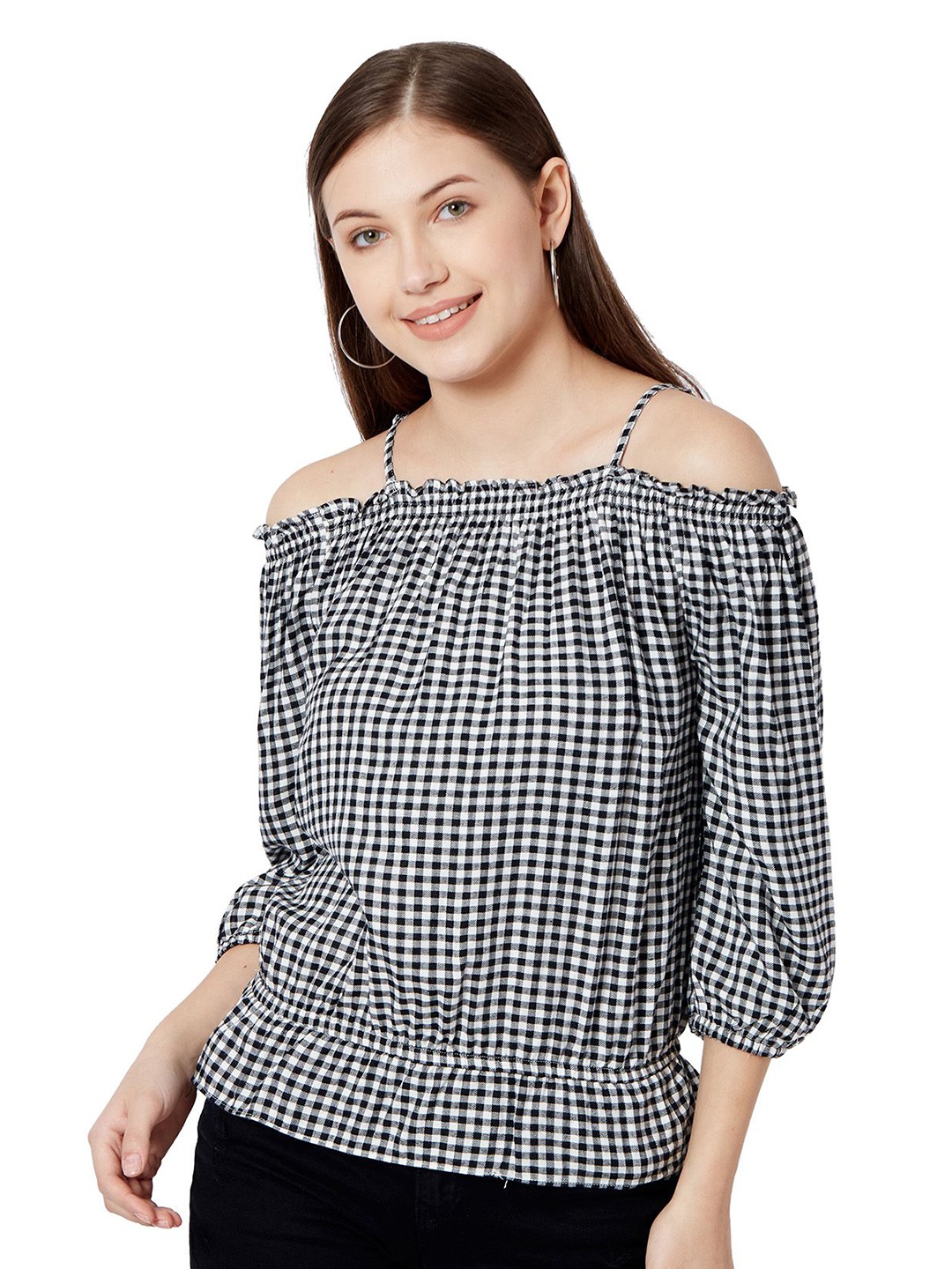 

Kraus Jeans Women Checked Off-Shoulder Cold-Shoulder Bardot Top, Black