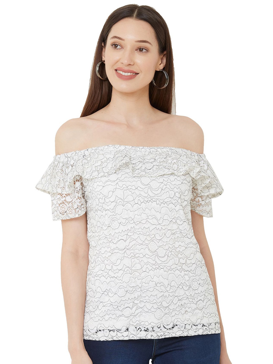 

Kraus Jeans Women Printed Off-Shoulder Flutter Sleeve Bardot Top, White