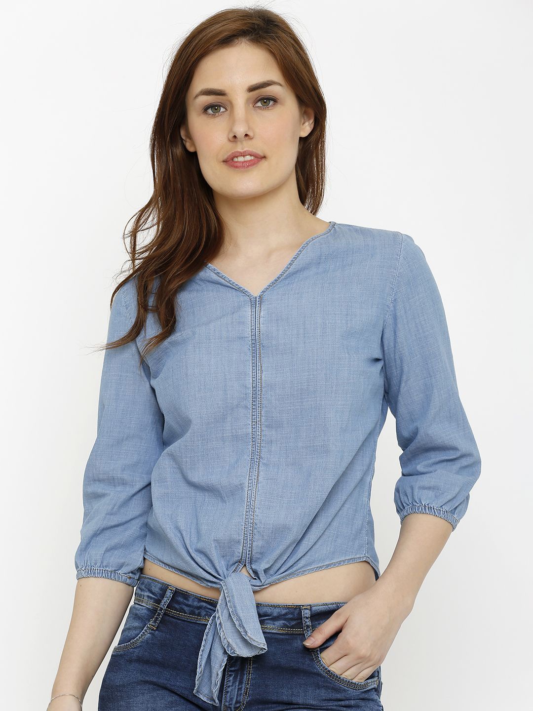 Kraus Jeans Women V-Neck Three-Quarter Sleeves Crop Top, Blue