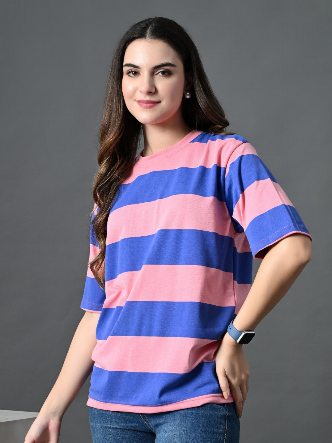 

OYEEBRO Women Bio Finish Striped Round Neck Cotton Oversized T-shirt, Blue