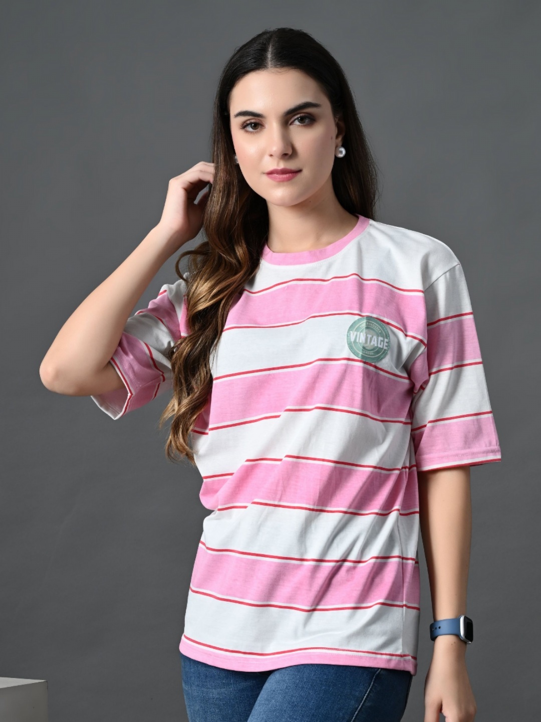 

OYEEBRO Women Bio Finish Striped Round Neck Cotton Oversized T-shirt, Pink