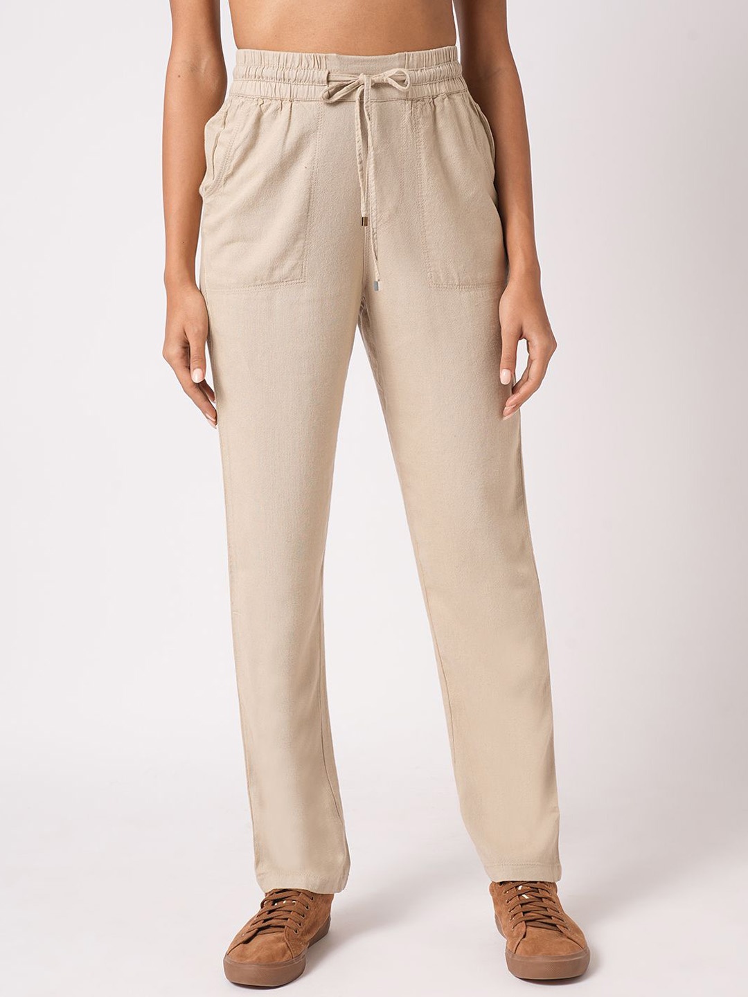 Kraus Jeans Women Loose Fit High-Rise Trousers, Beige
