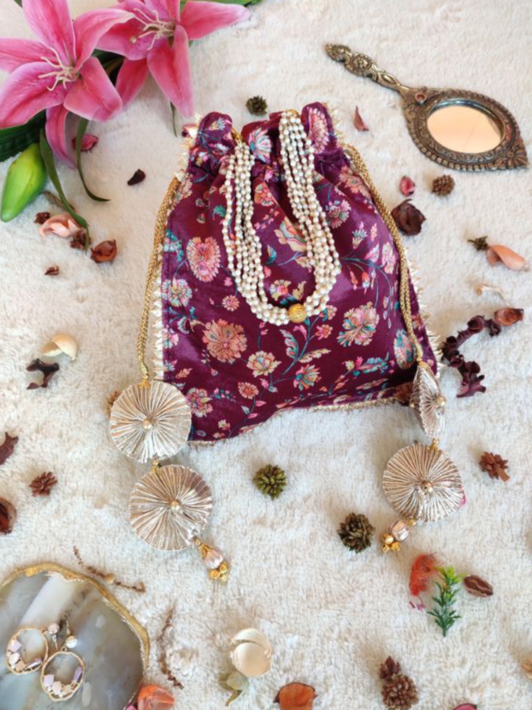 LABEL KANUPRIYA Printed Potli Clutch, Maroon