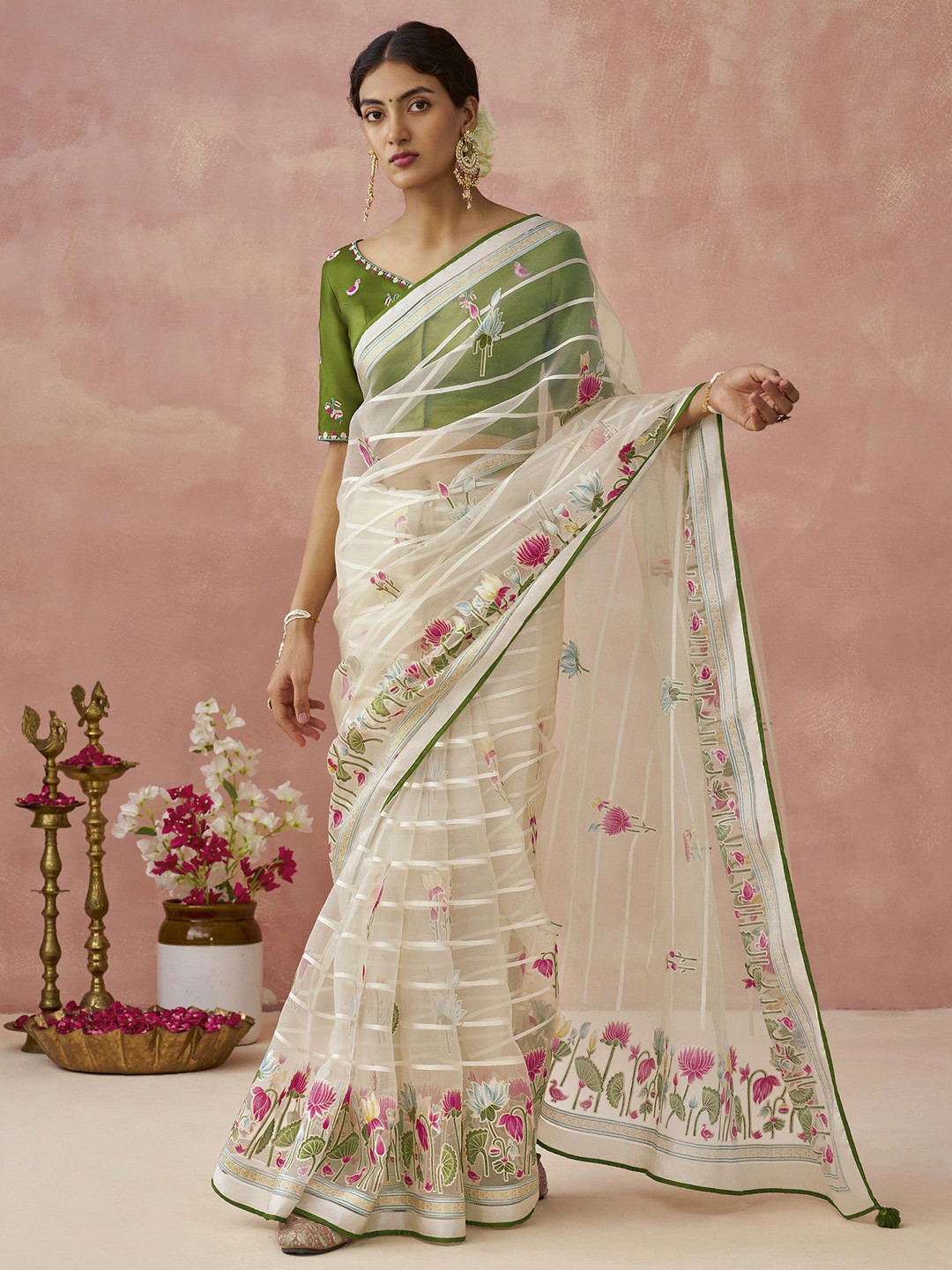 

MAHALASA Floral Embroidered Organza Saree, White