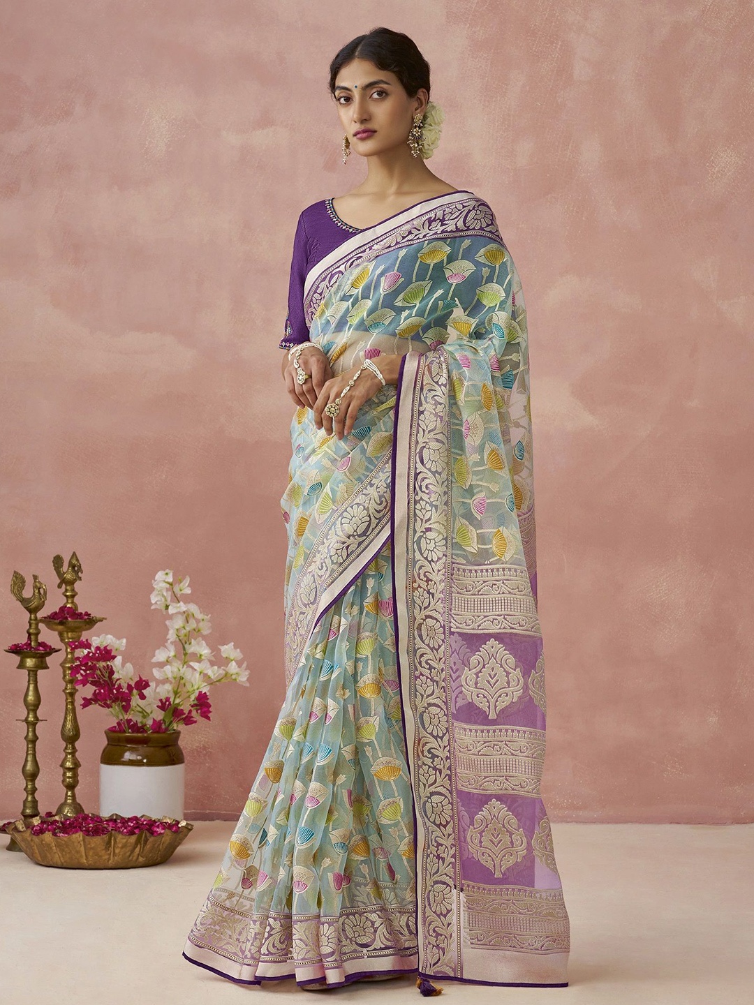 

MAHALASA Ethnic Motifs Embroidered Organza Saree, Turquoise blue