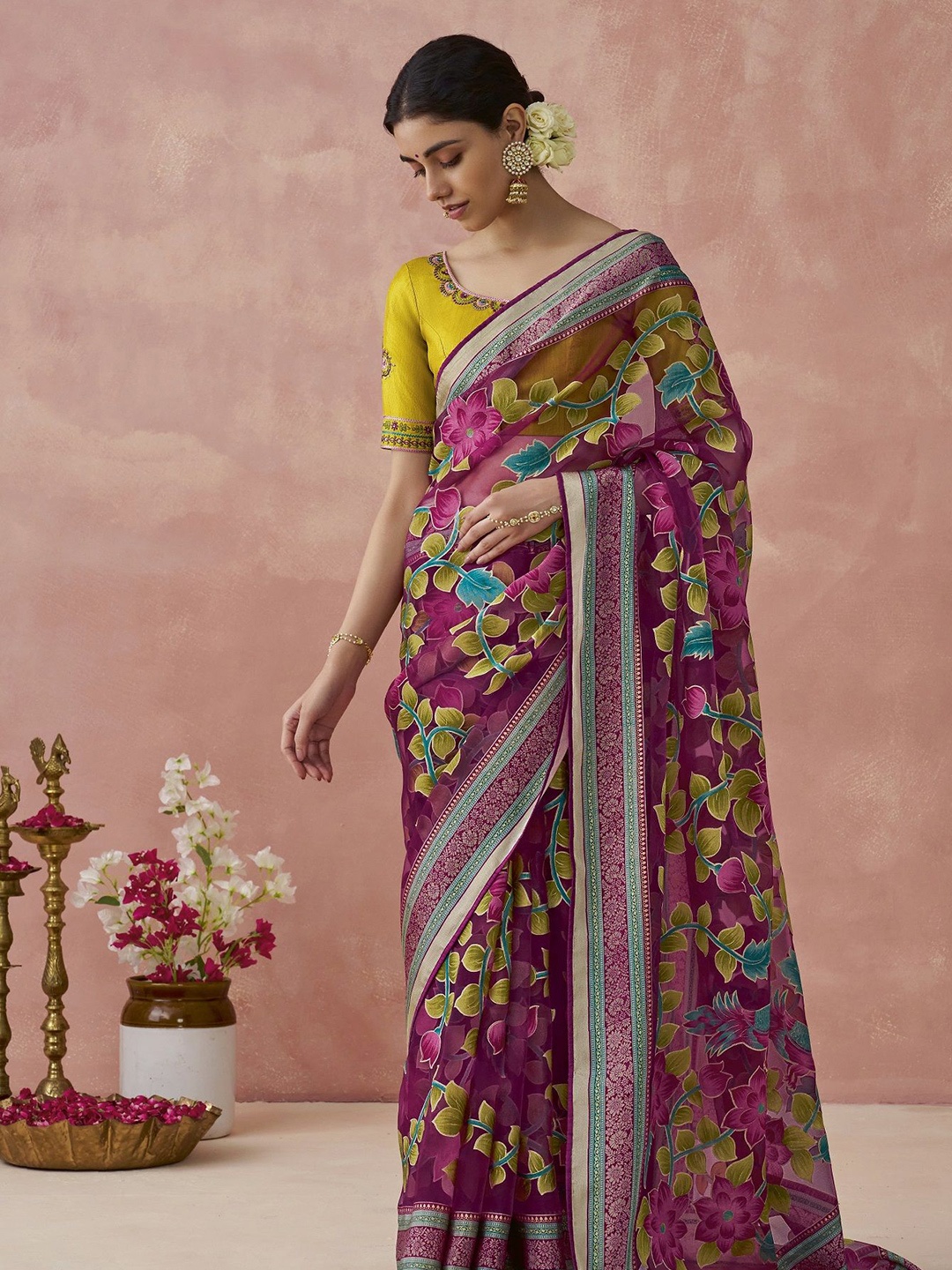 MAHALASA Floral Printed Organza Saree, Purple
