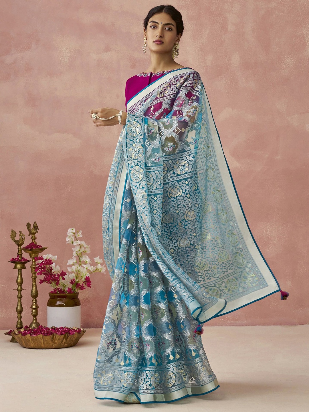 

MAHALASA Floral Embroidered Organza Saree, Turquoise blue