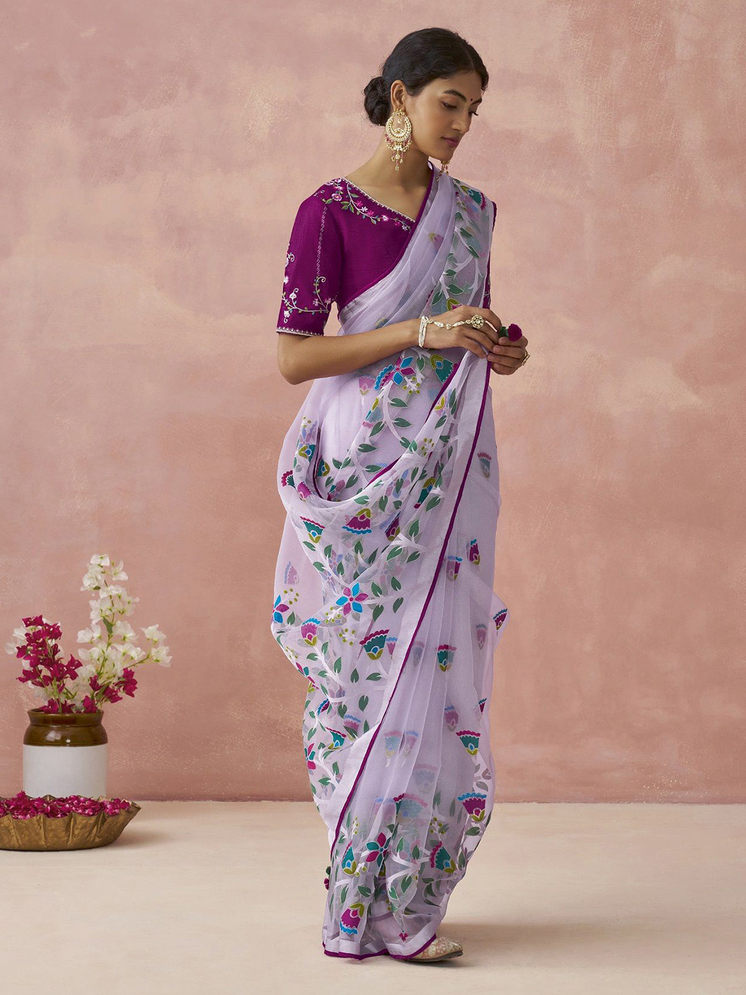 

MAHALASA Ethnic Motifs Printed Organza Saree, Purple