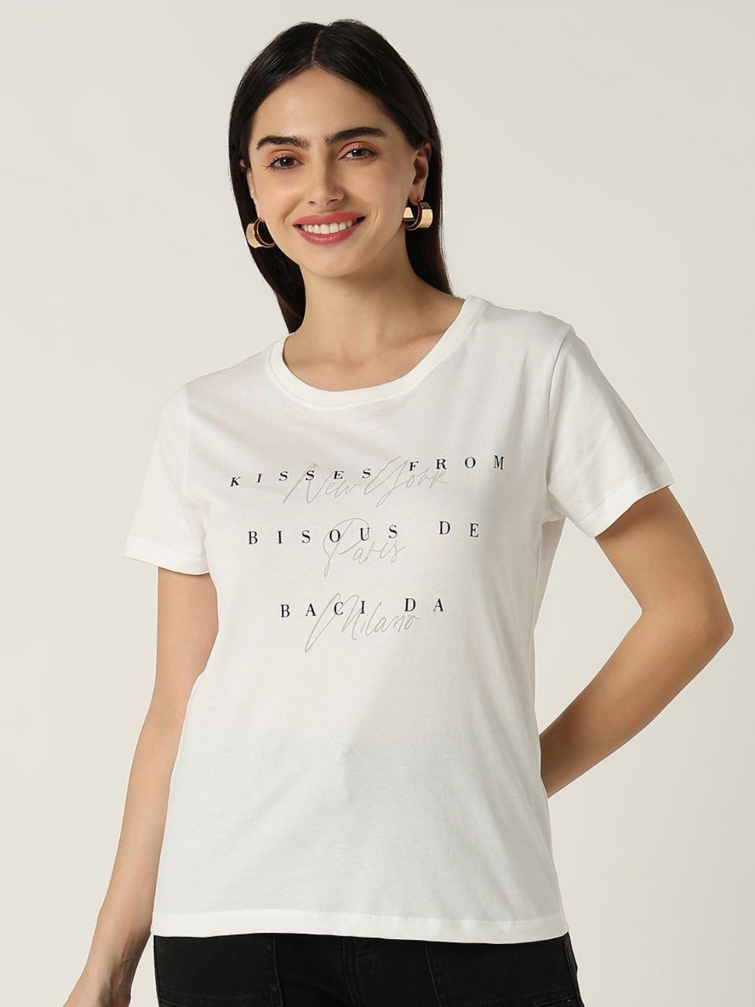 R&B Women Typography Printed Round Neck Cotton T-shirt, White