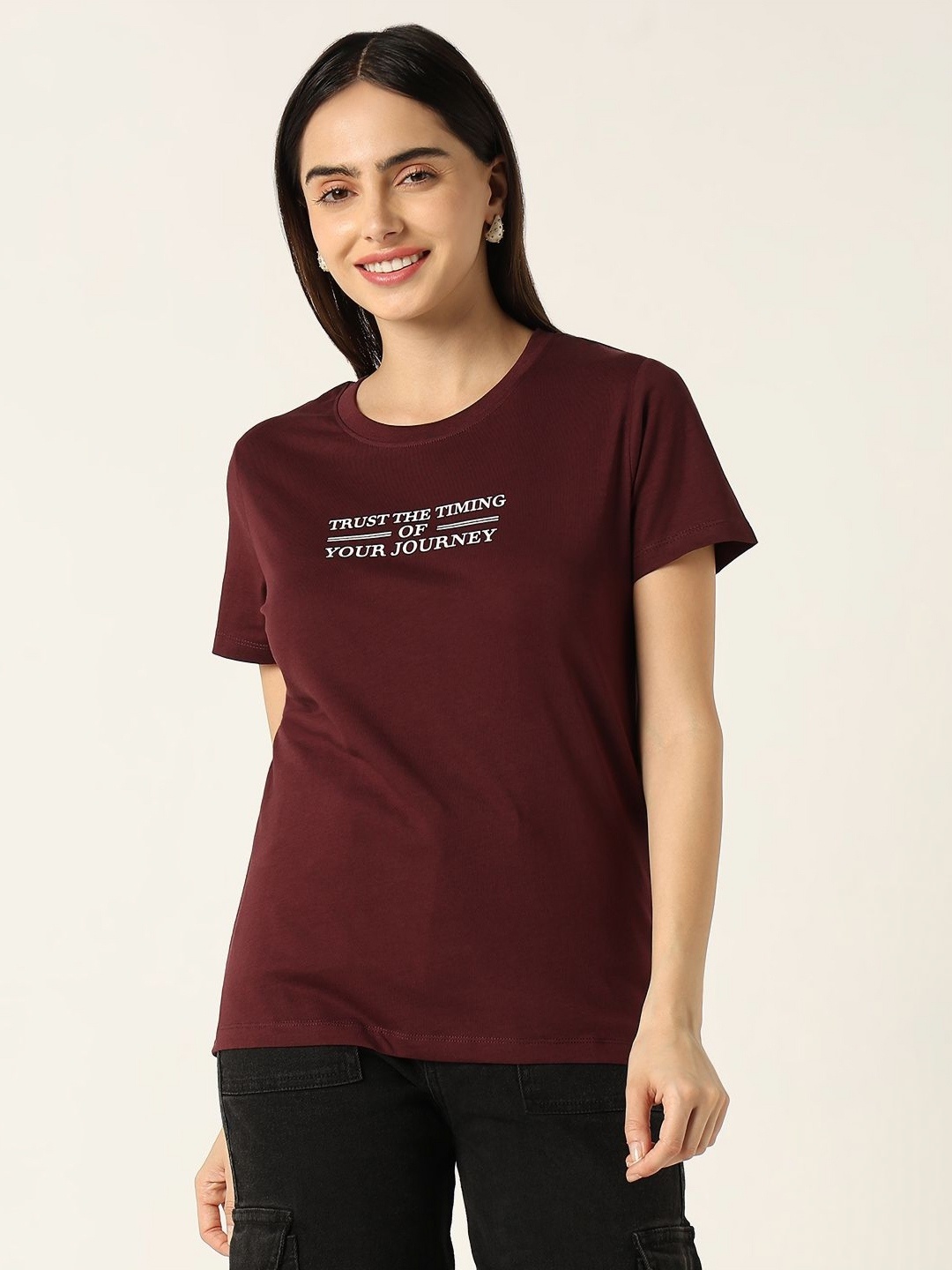 

R&B Women Typography Printed Round Neck Cotton T-shirt, Burgundy