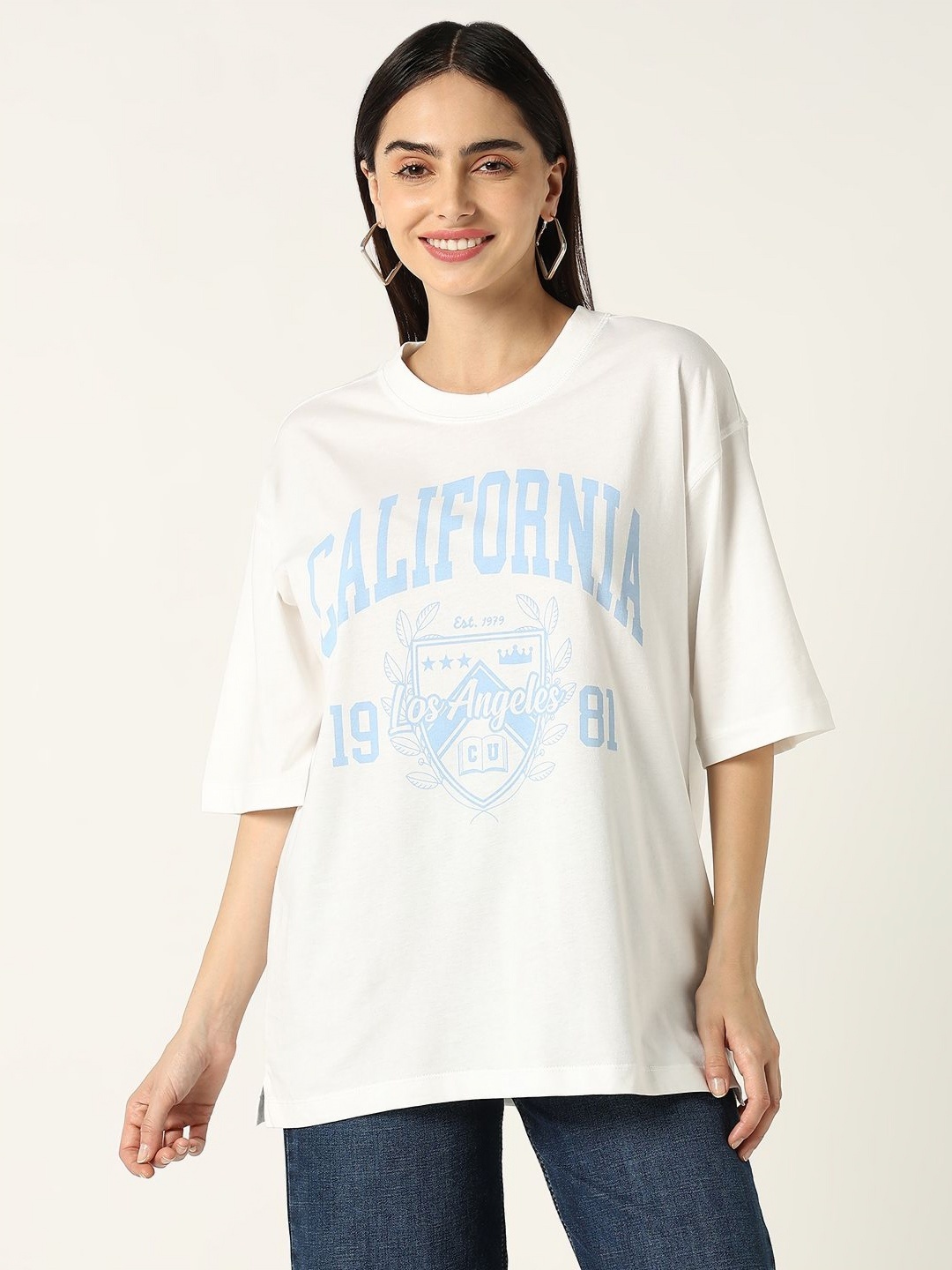 

R&B Women Typography Printed Round Neck Cotton Oversized T-shirt, White