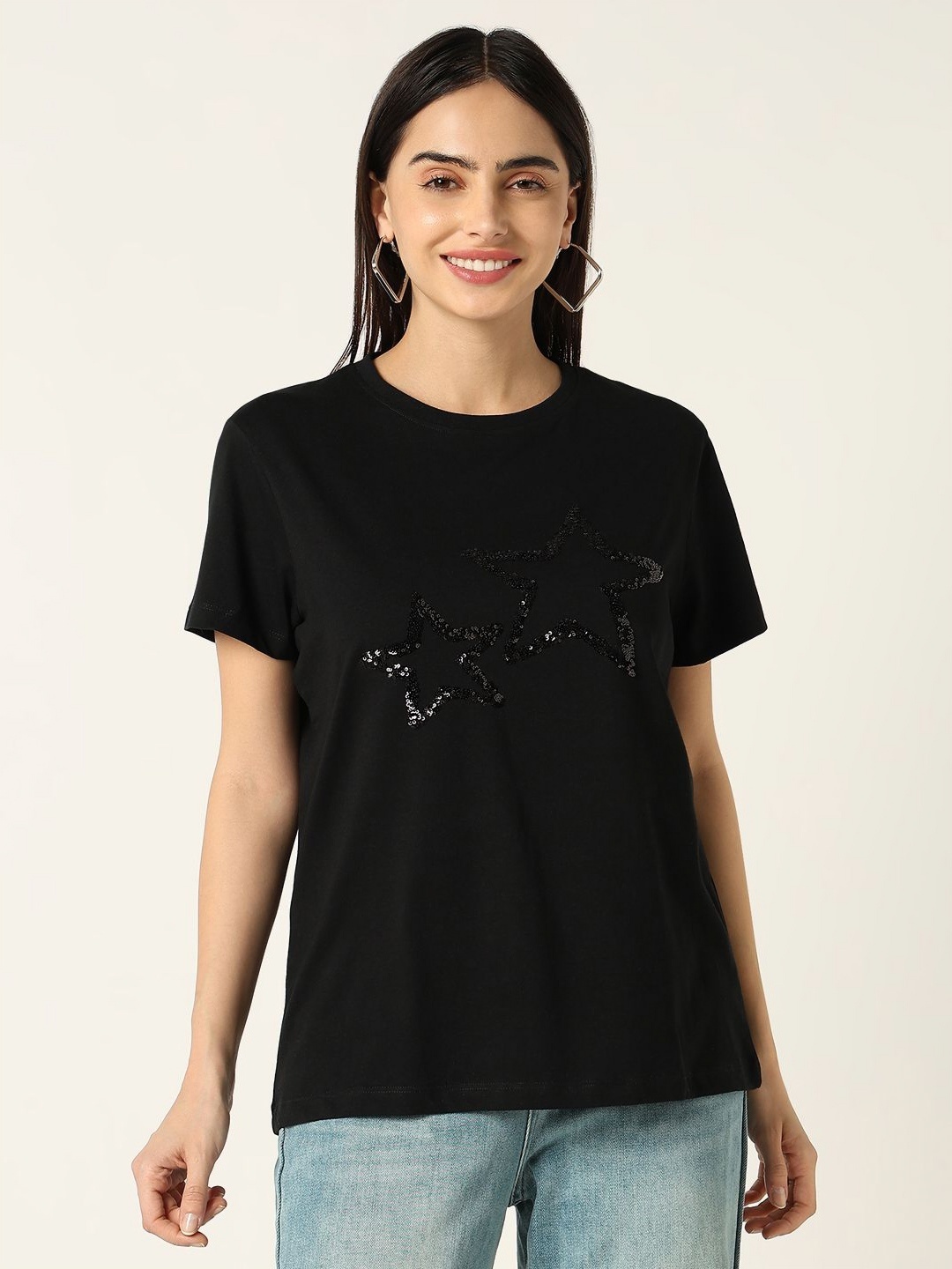 

R&B Women Printed Round Neck Cotton T-shirt, Black