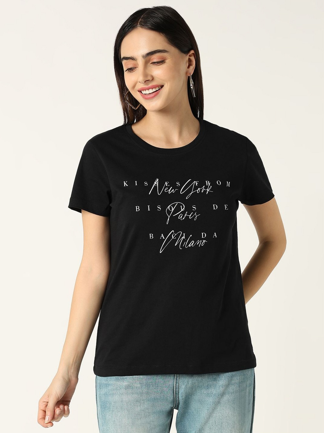 

R&B Women Typography Printed Round Neck Cotton T-shirt, Black