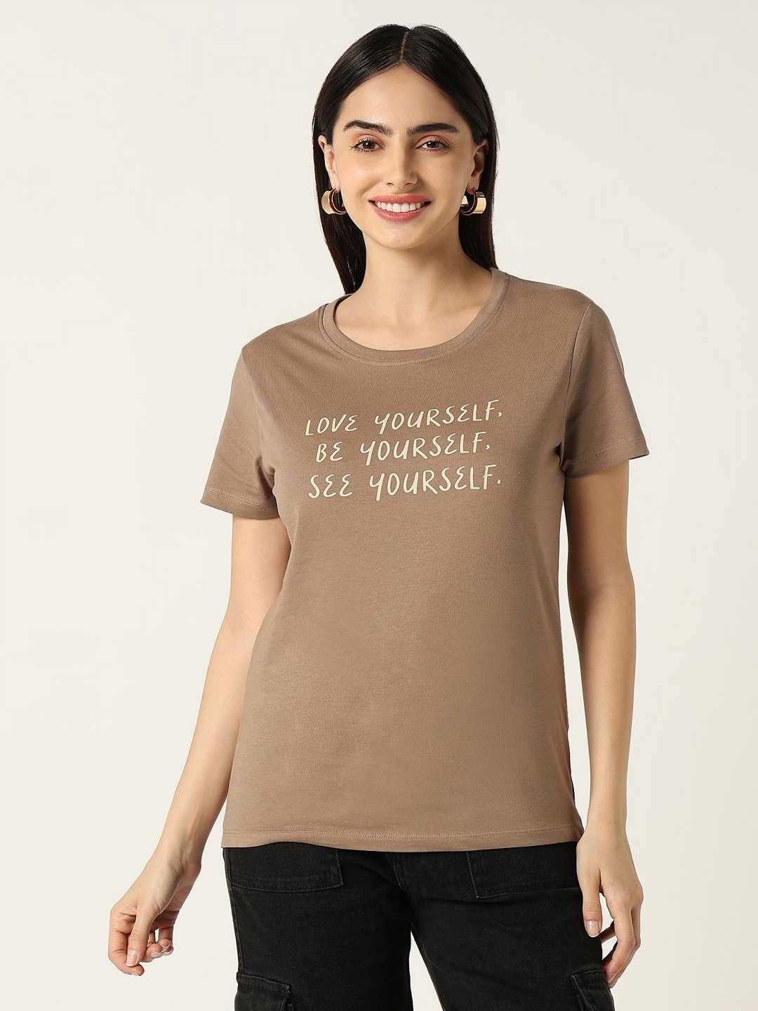 

R&B Women Typography Printed Round Neck Cotton T-shirt, Brown