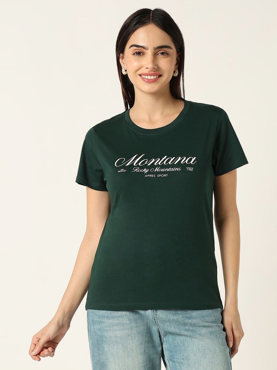 R&B Women Typography Printed Round Neck Cotton T-shirt, Green