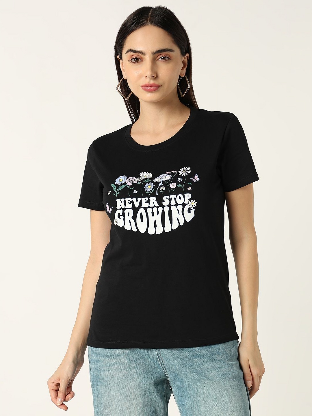 

R&B Women Typography Printed Round Neck Cotton T-shirt, Black