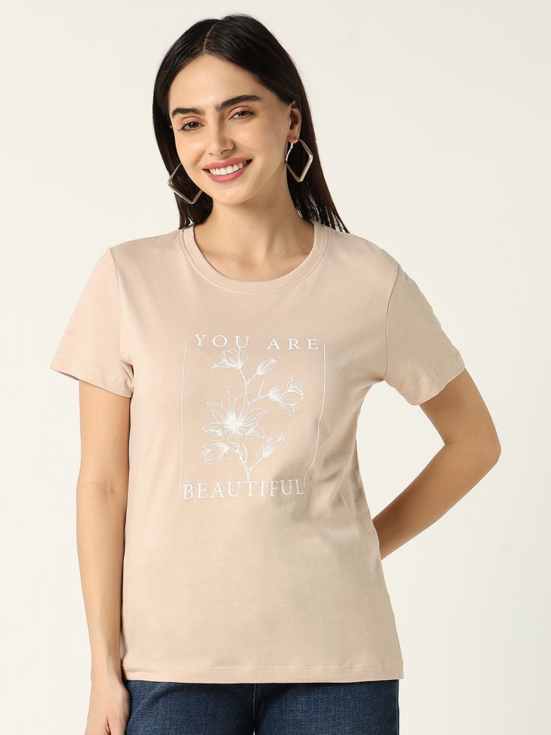 

R&B Women Graphic Printed Round Neck Cotton T-shirt, Peach