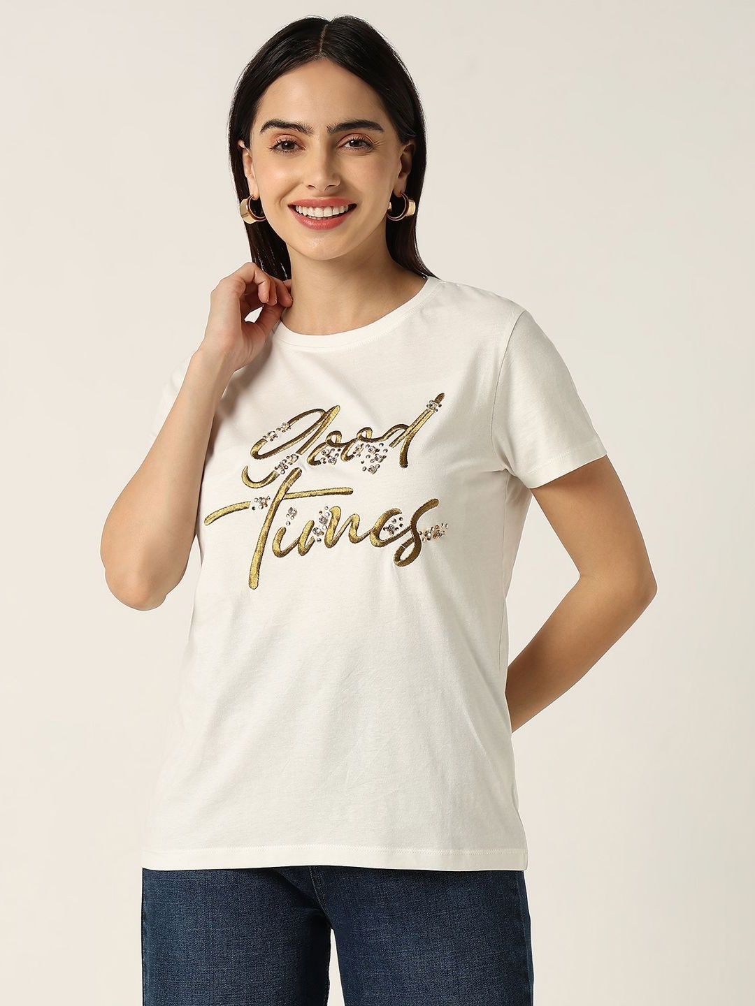 

R&B Women Typography Printed Round Neck Cotton T-shirt, White