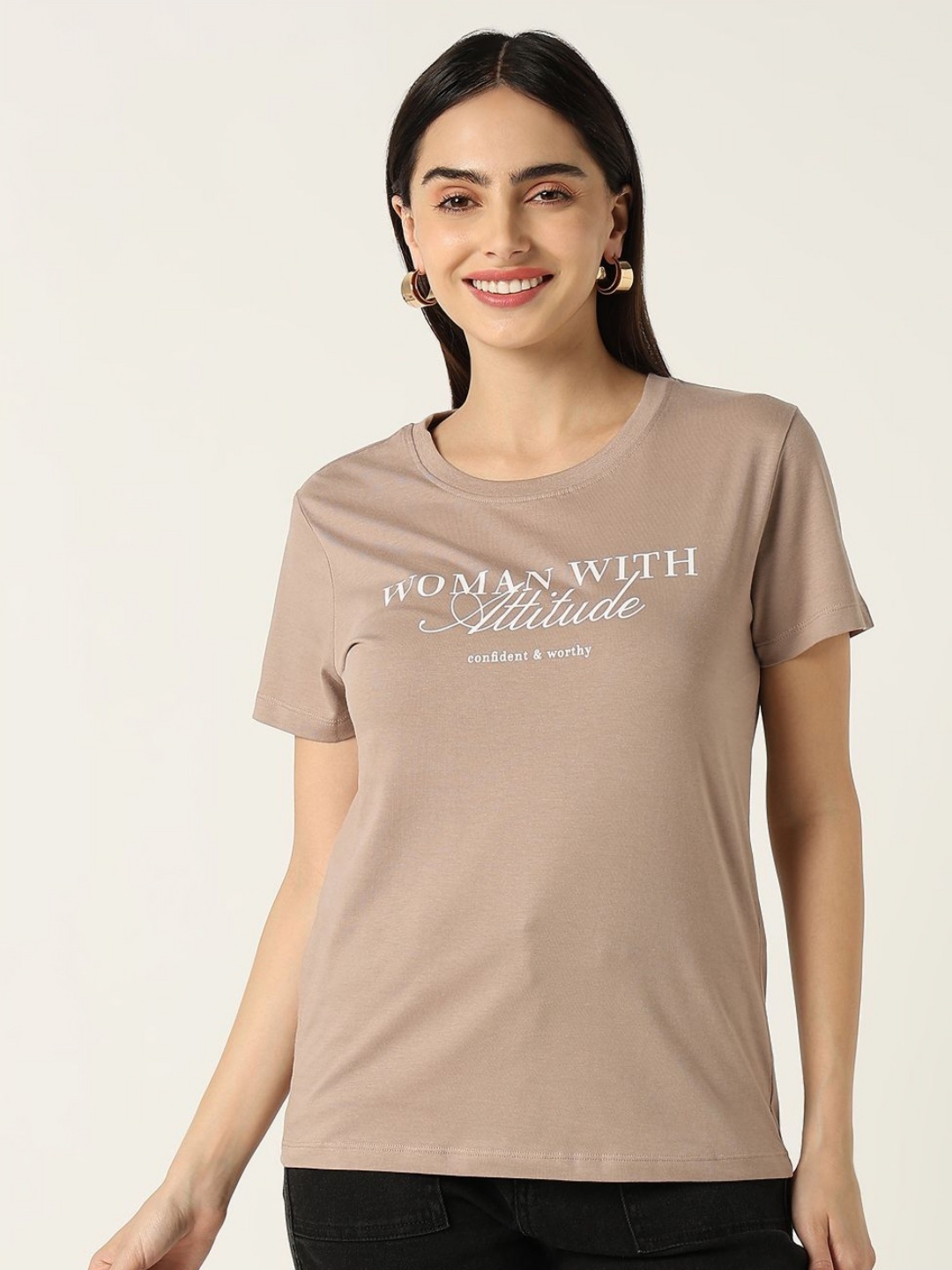 

R&B Women Typography Printed Round Neck Cotton T-shirt, Brown