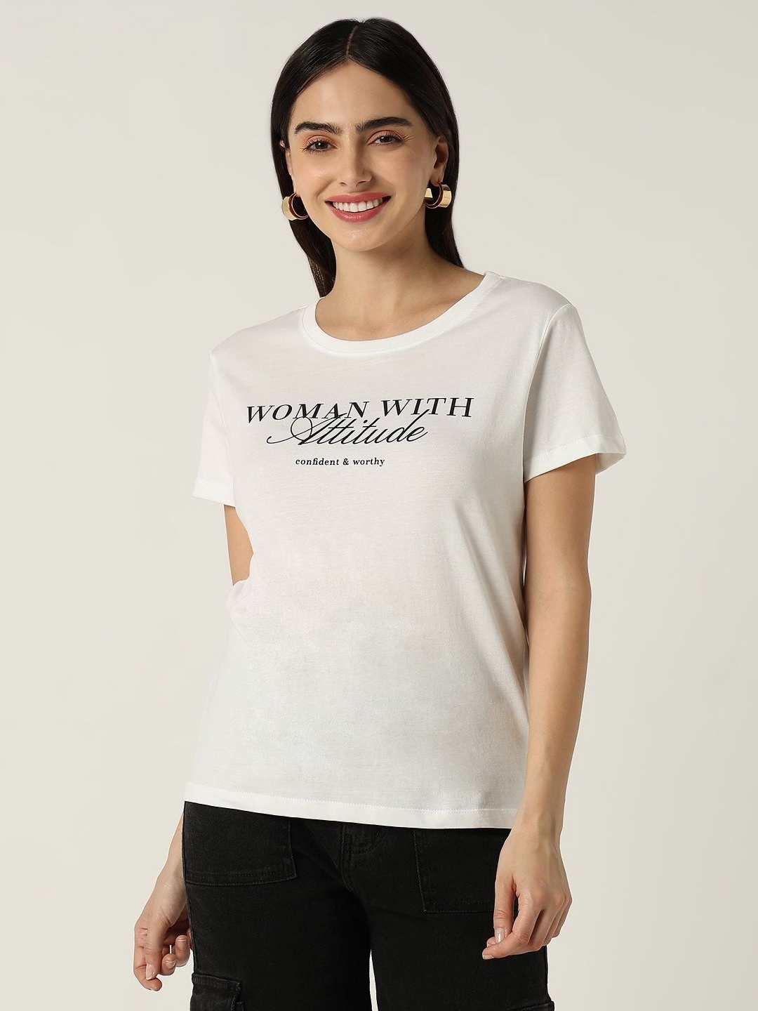 

R&B Women Typography Printed Round Neck Cotton T-shirt, White