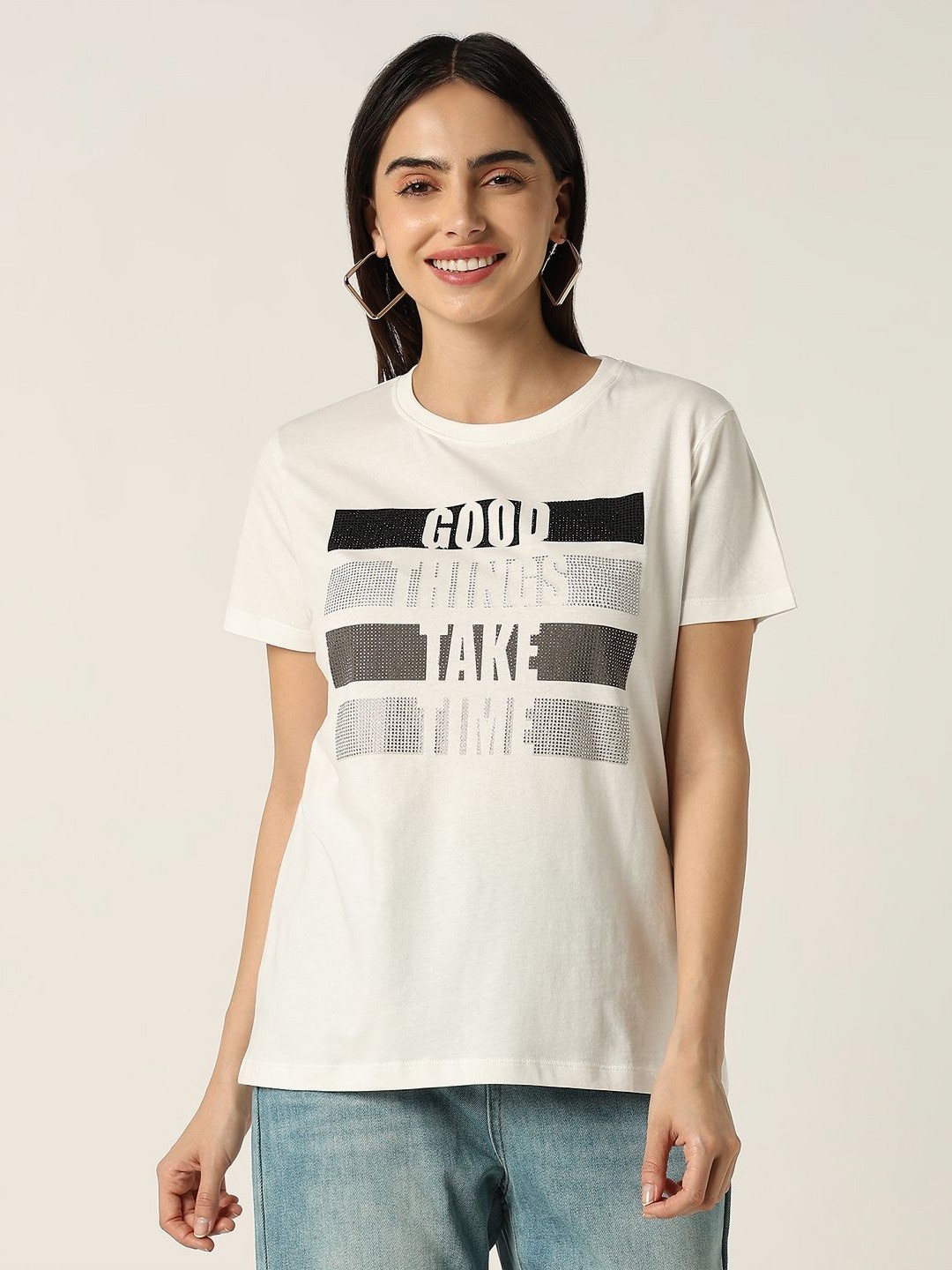 

R&B Women Typography Printed Round Neck Cotton T-shirt, White