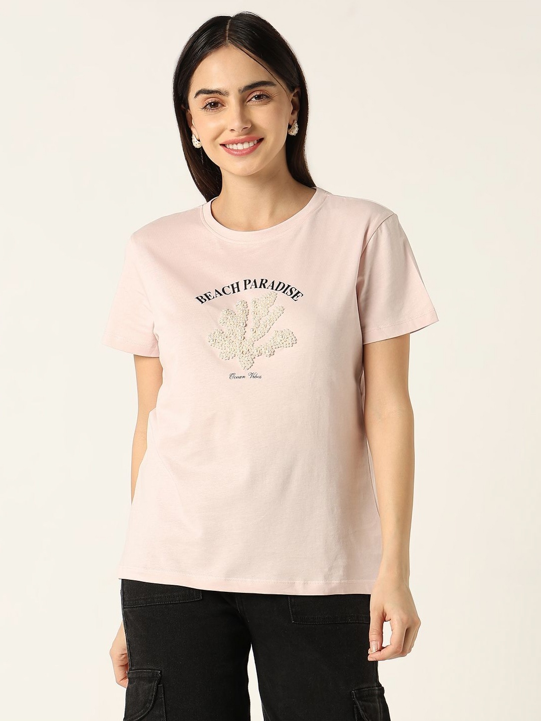 

R&B Women Typography Printed Round Neck Cotton T-shirt, Pink