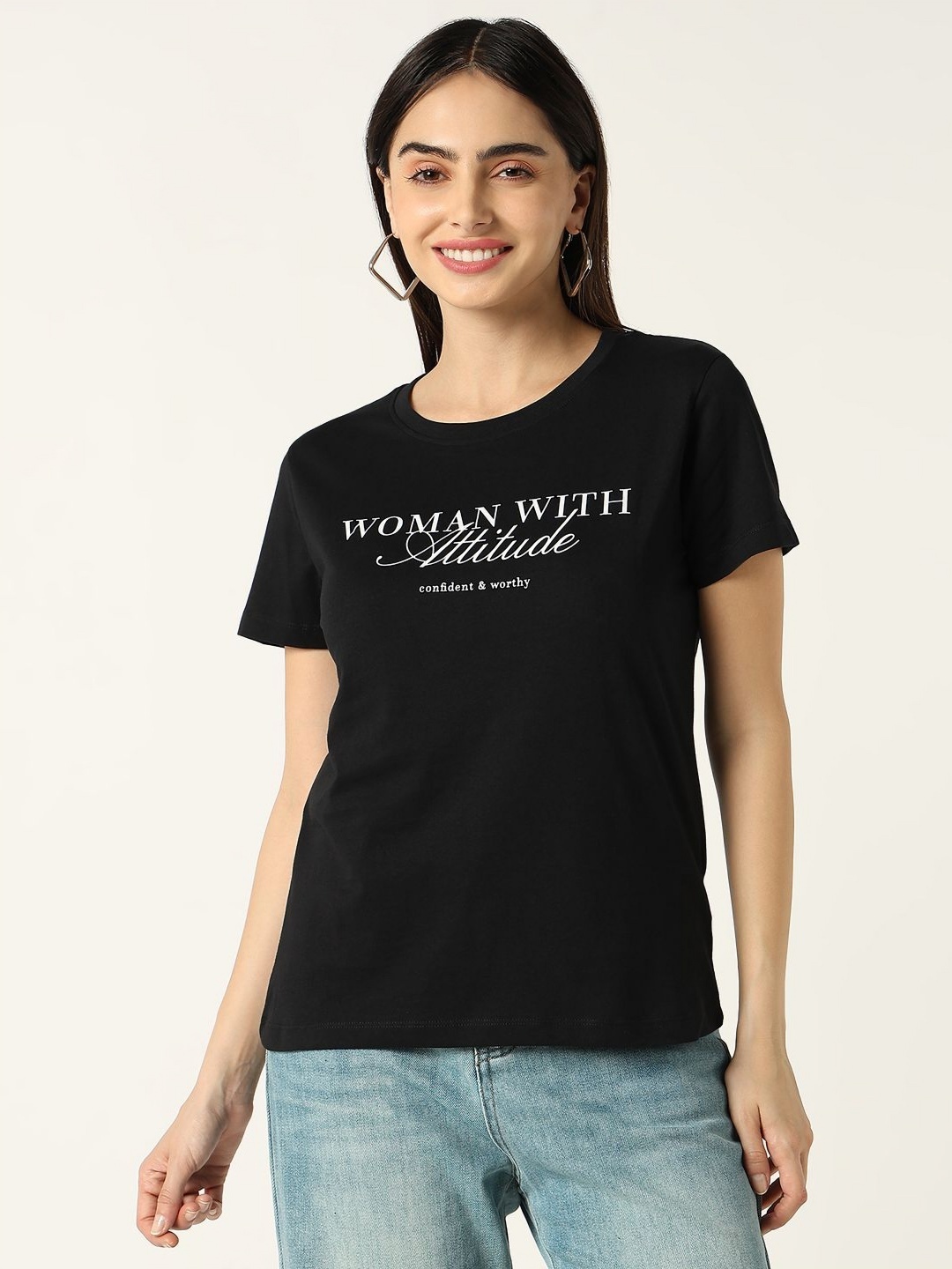 

R&B Women Typography Printed Round Neck Slim Fit Cotton T-shirt, Black