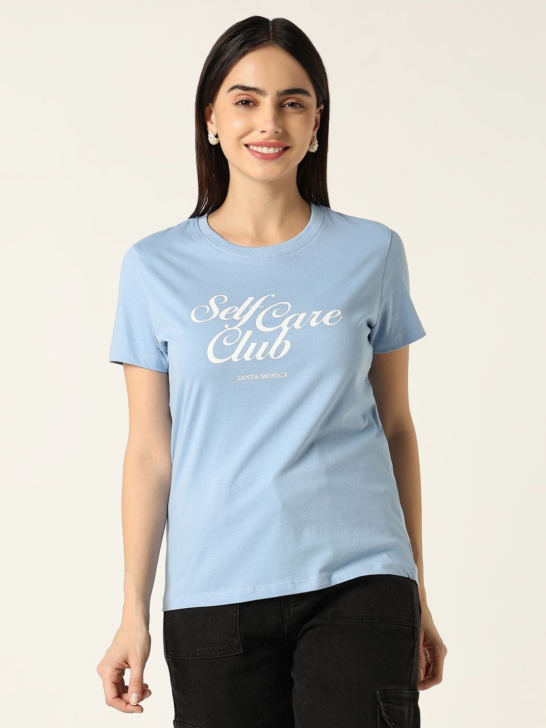 

R&B Women Typography Printed Round Neck Cotton T-shirt, Blue