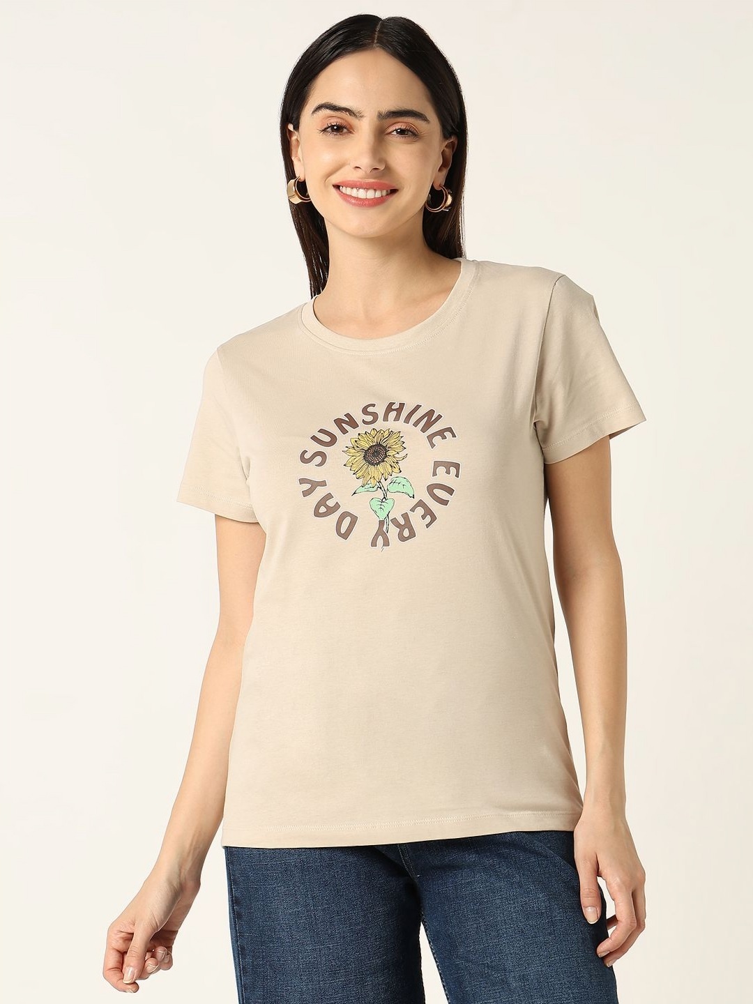 

R&B Women Graphic Printed Round Neck Cotton T-shirt, Beige