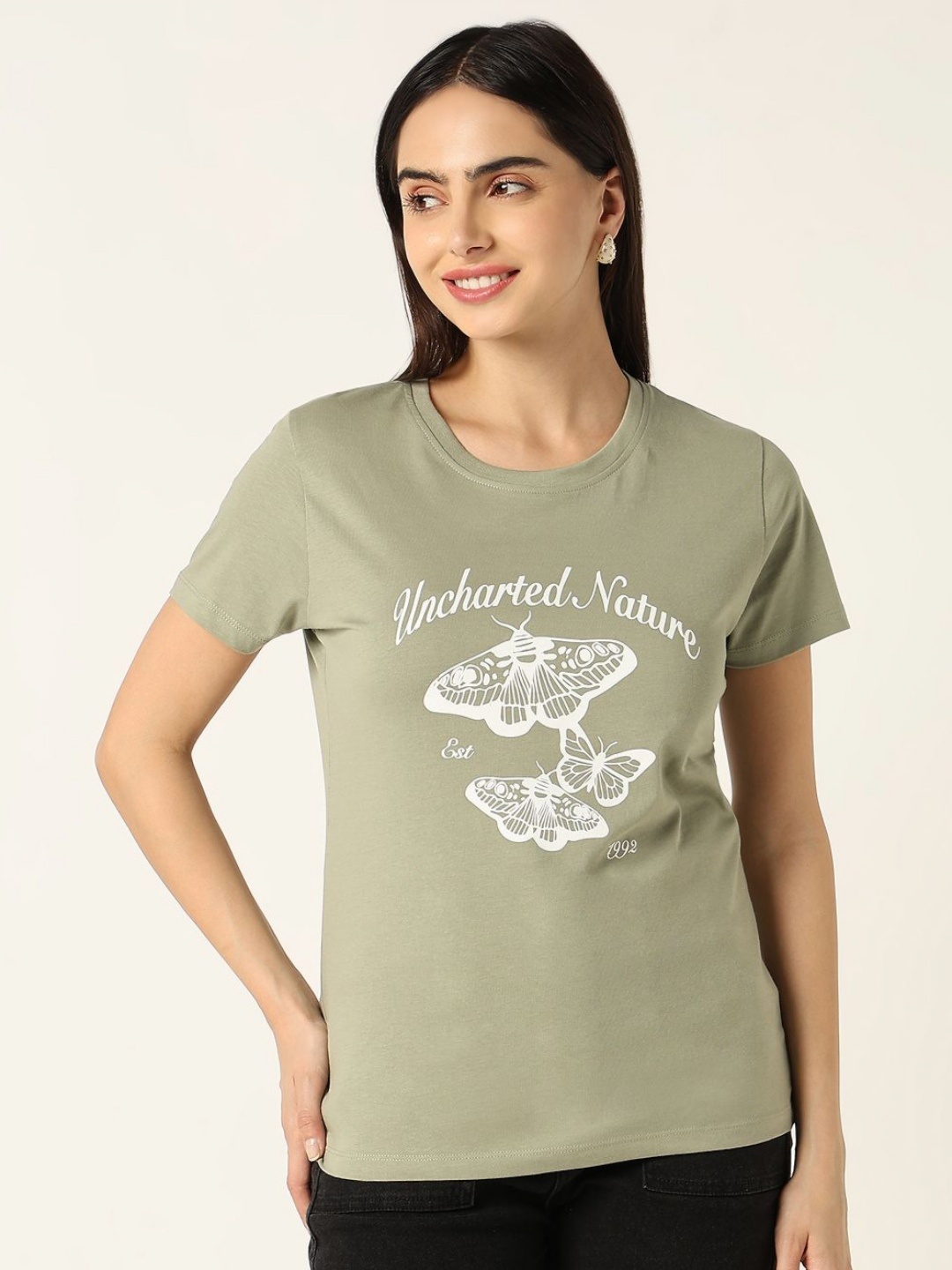 

R&B Women Graphic Printed Round Neck Cotton T-shirt, Green