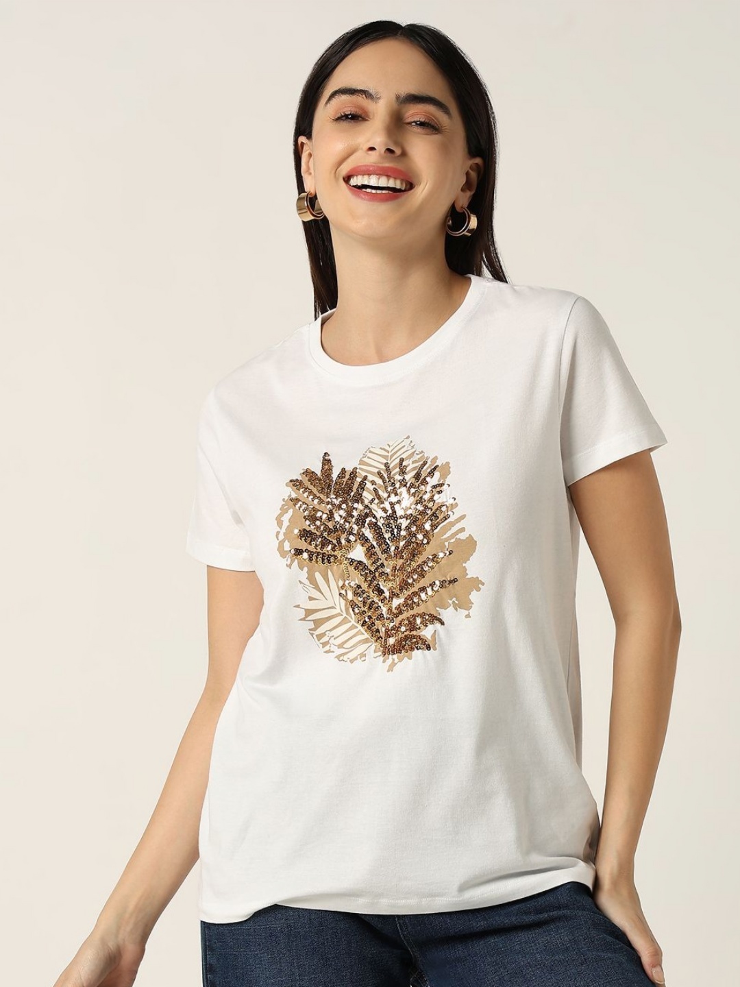 

R&B Women Floral Solid Round Neck Cotton T-shirt, White