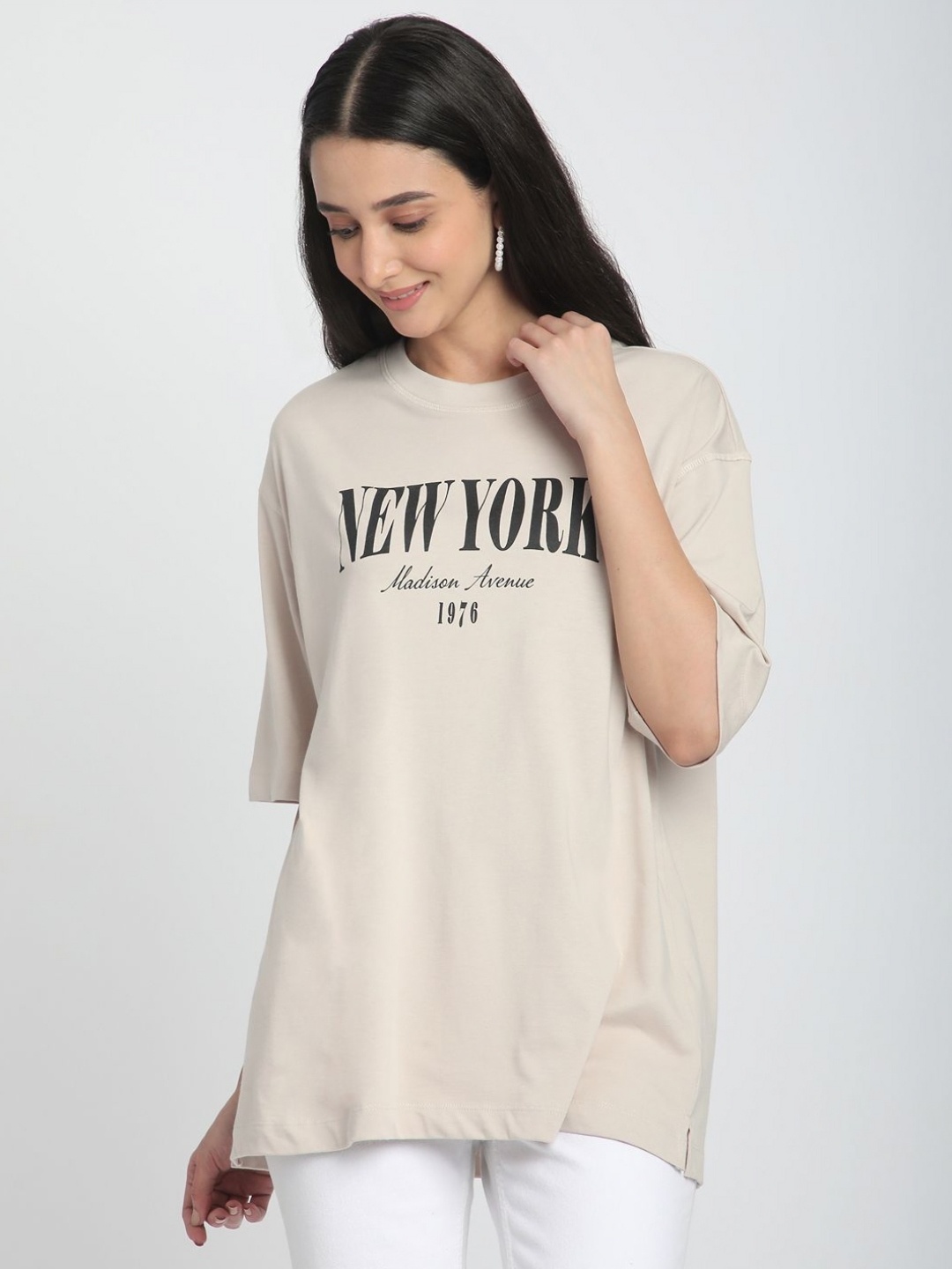 

R&B Women Typography Printed Round Neck Cotton Oversized T-shirt, Beige