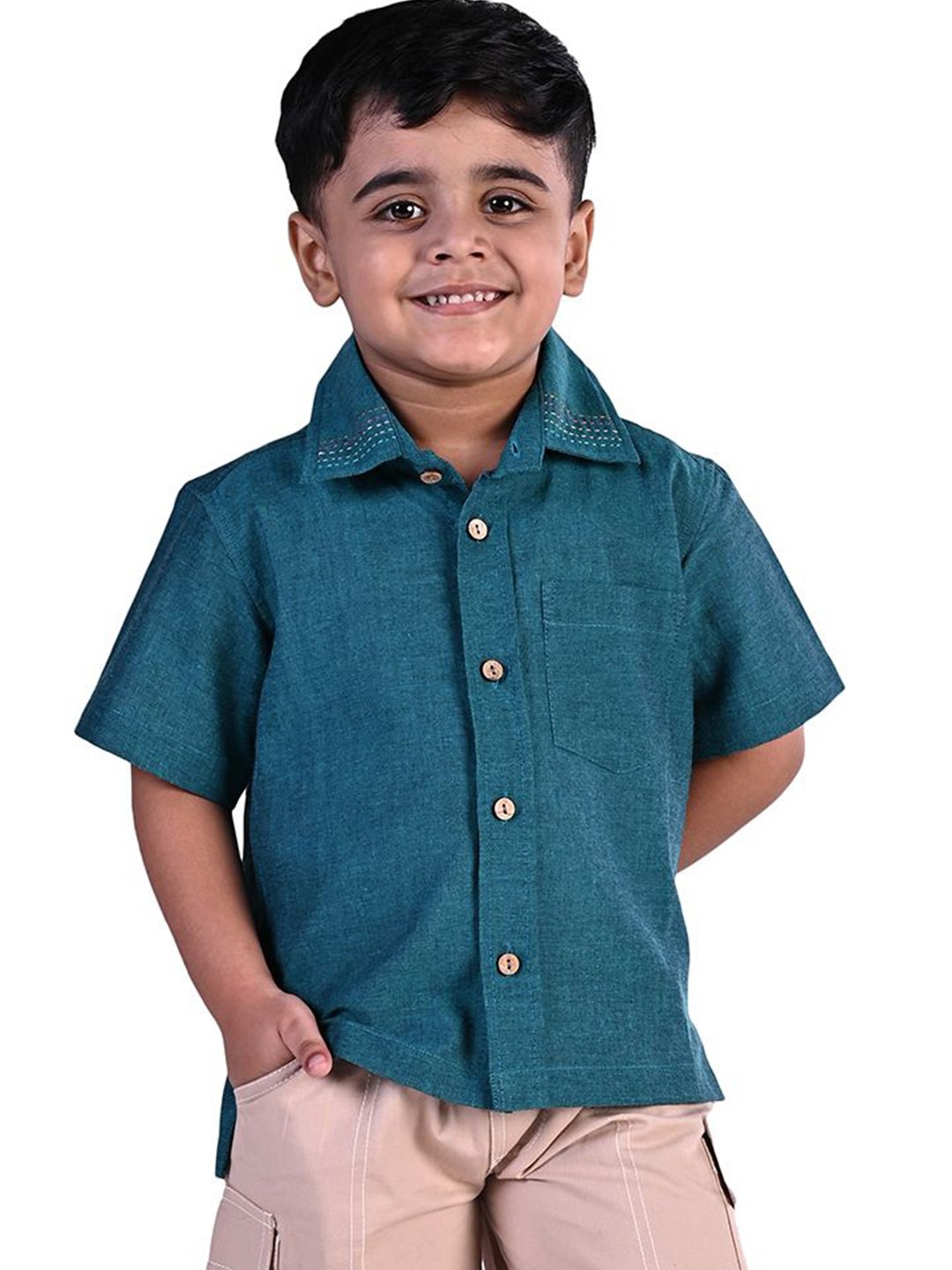 Soleilclo Boys Comfort Spread Collar Solid Cotton Casual Shirt, Teal