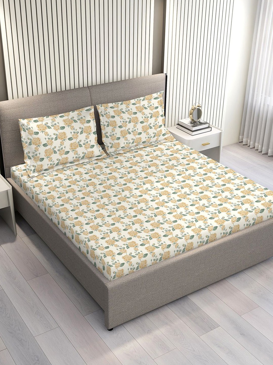Layers Marigold Yellow & Green Floral Cotton 144 TC Double King Bedsheet Set-2.74m x 2.74m