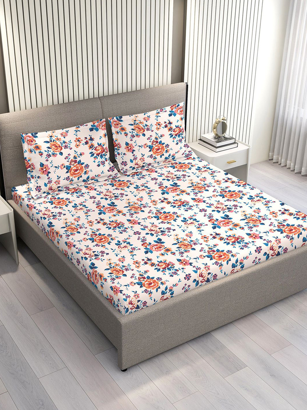 

Layers Marigold Beige & Blue Floral Cotton 144 TC Double King Bedsheet Set-2.74 m x 2.74 m