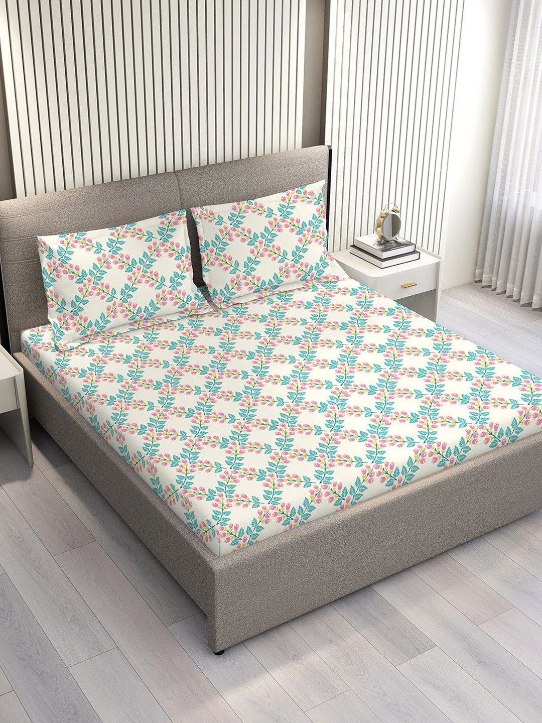 

Layers Marigold Beige & Blue Floral Cotton 144 TC Double King Bedsheet Set-2.74 m x 2.74 m