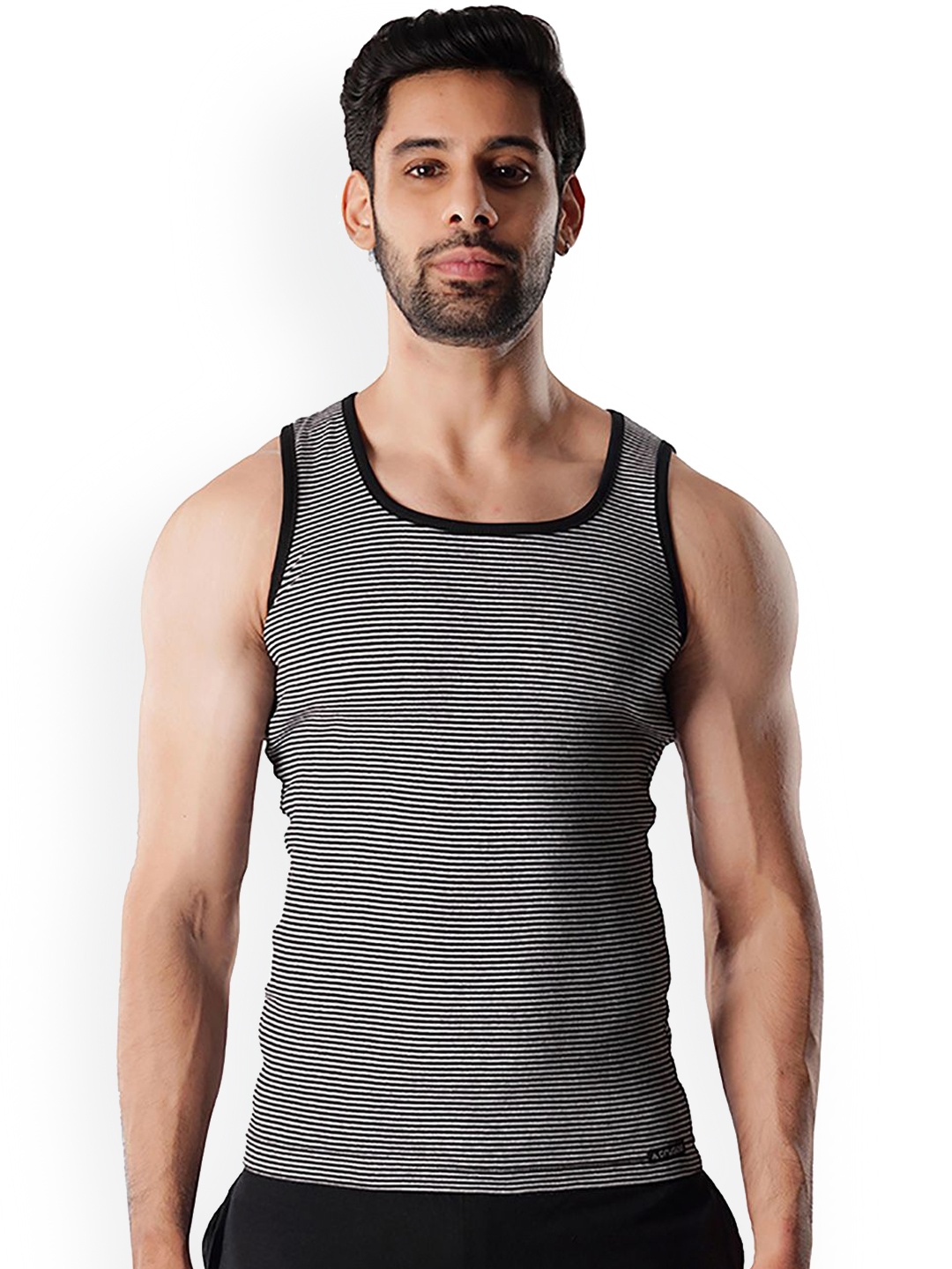 

Crusoe Men Striped Combed Cotton Basic Innerwear Vests CRU-2014-348, Black