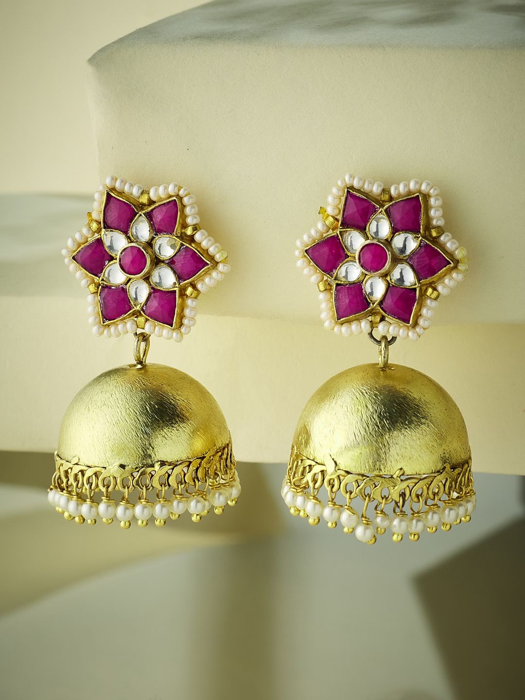 

Yinara Elegant Gold-Plated Kundan Stone Studded & Pearls Beaded Dome Shaped Jhumkas