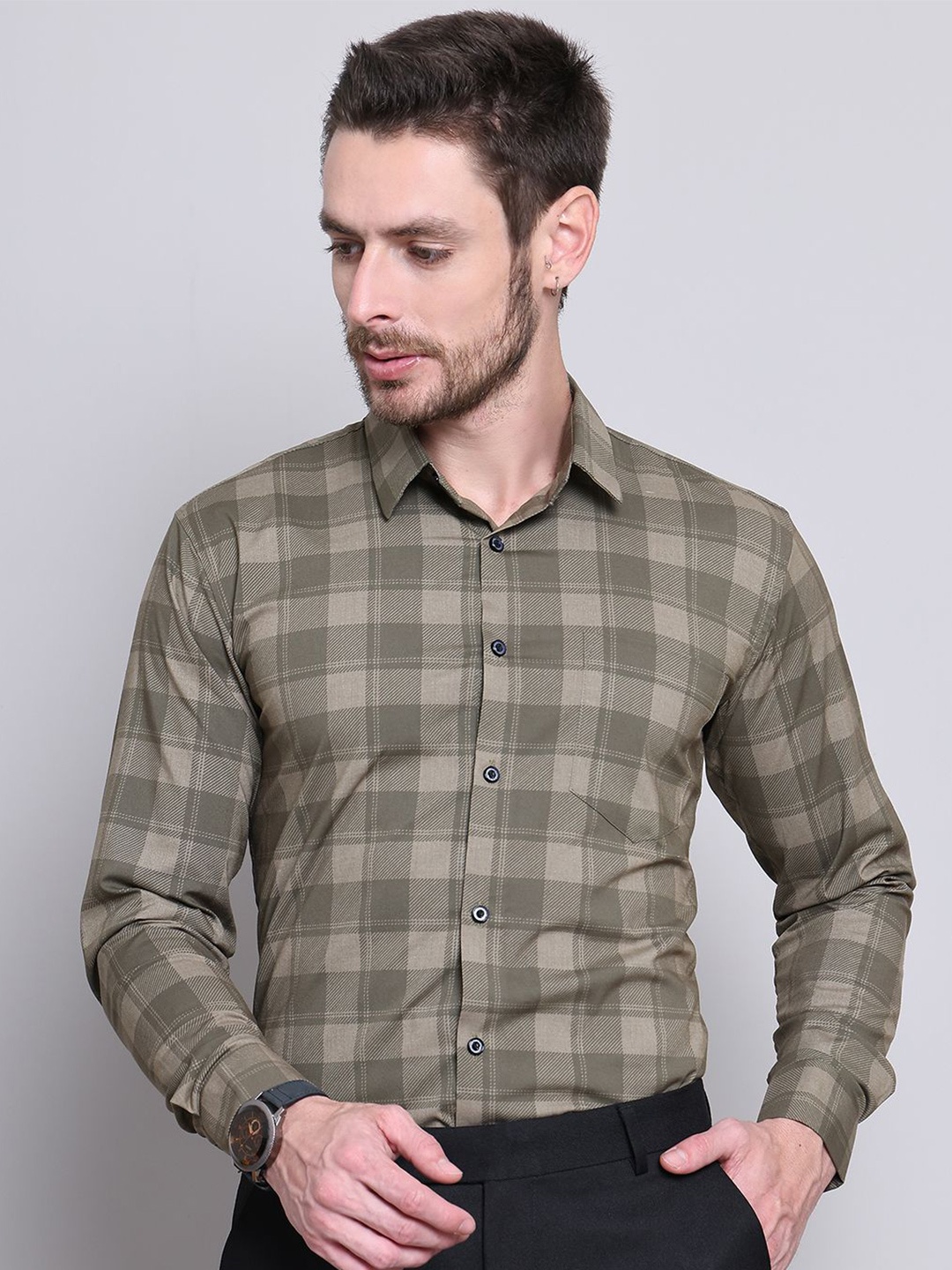 

Majestic Man Men Comfort Spread Collar Tartan Checked Slim Fit Casual Shirt, Olive