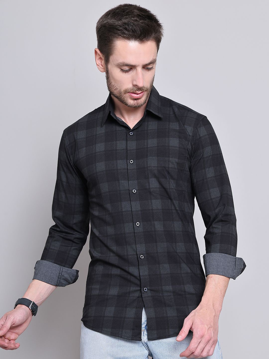 

Majestic Man Men Comfort Spread Collar Solid Slim Fit Casual Shirt, Navy blue