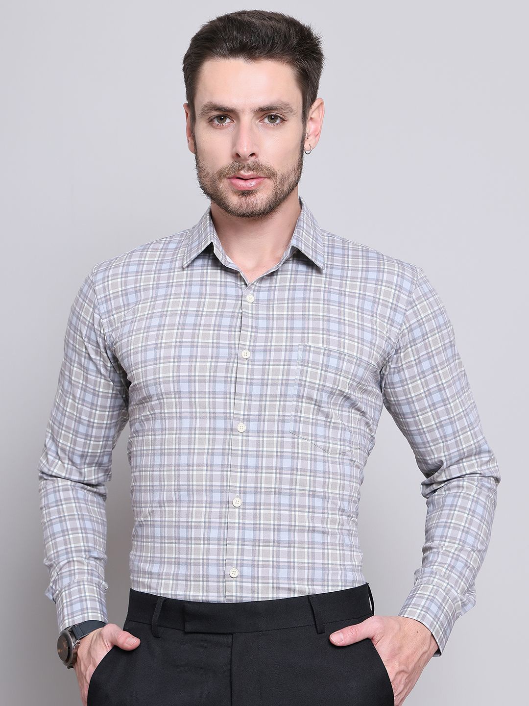 

Majestic Man Men Comfort Spread Collar Tartan Checked Slim Fit Casual Shirt, Blue