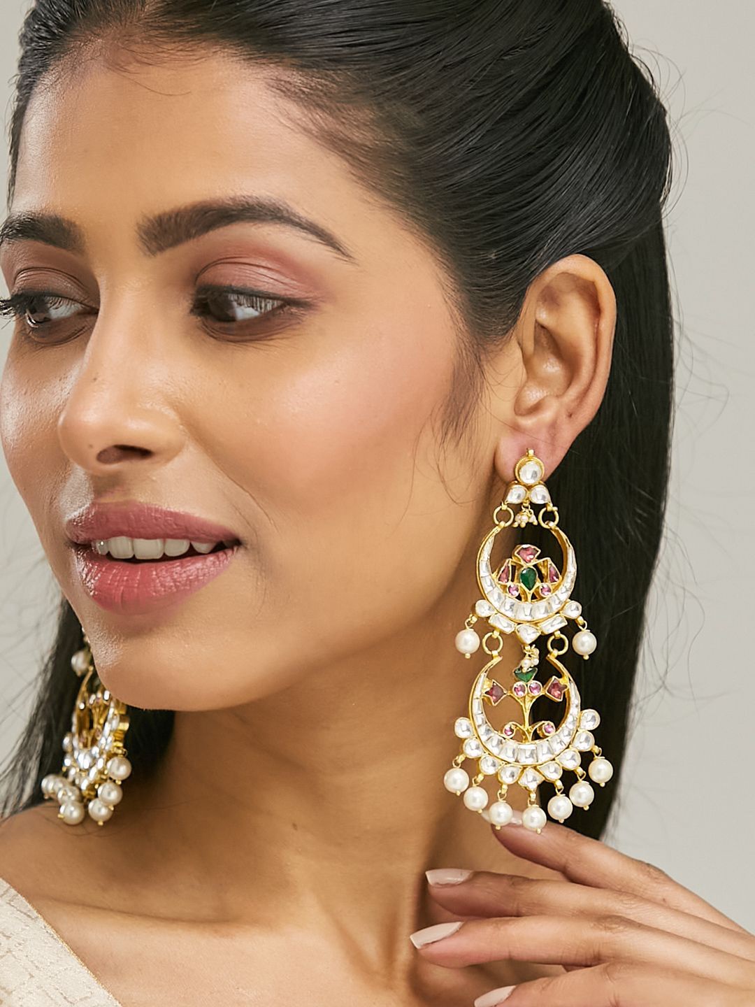 

Yinara 22K Gold-Plated Kundan Stone Studded & Pearl Beaded Layered Chandbalis