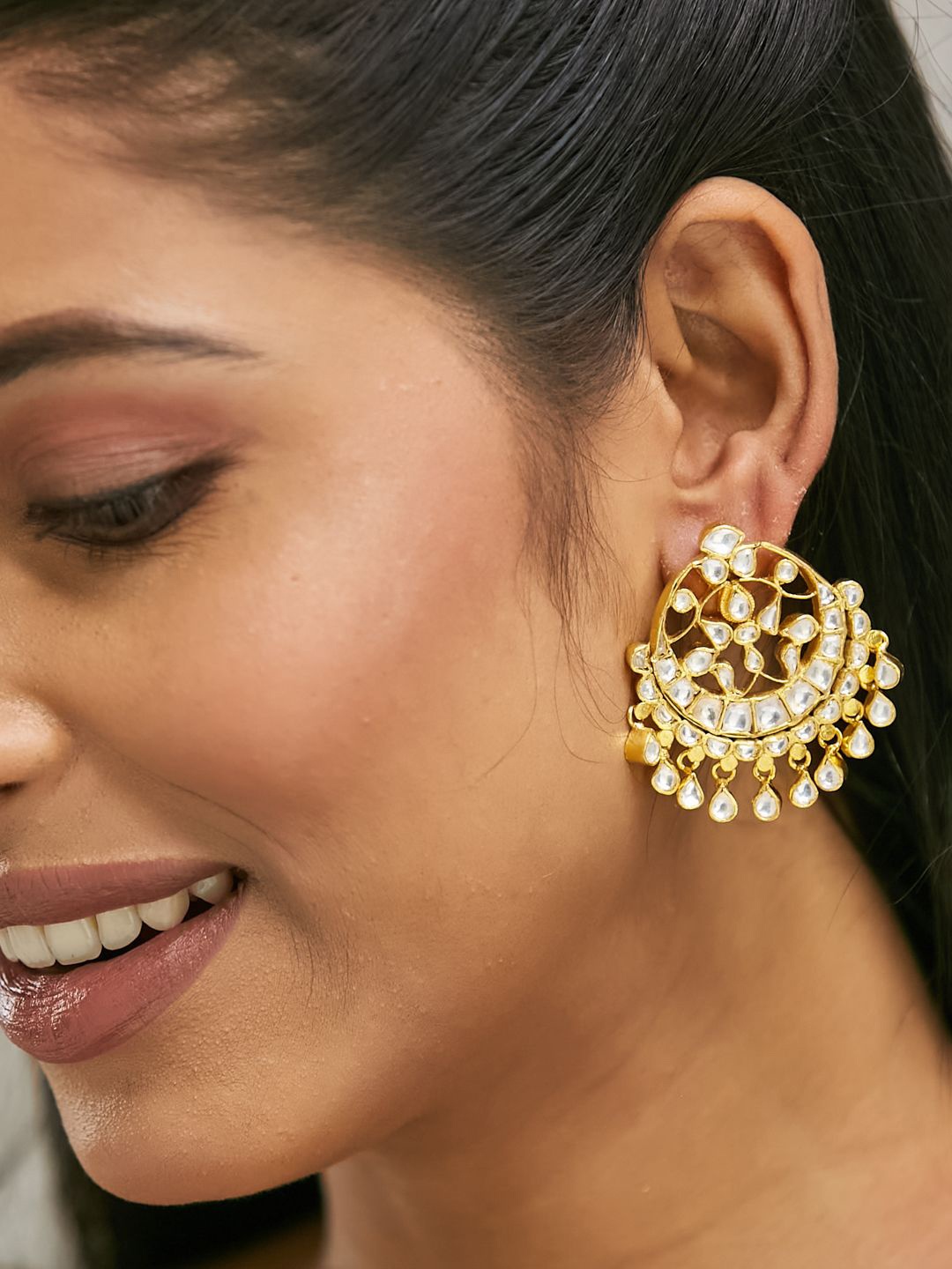 

Yinara 22K Gold-Plated Kundan Stone Studded & Pearl Beaded Moon Chandbalis
