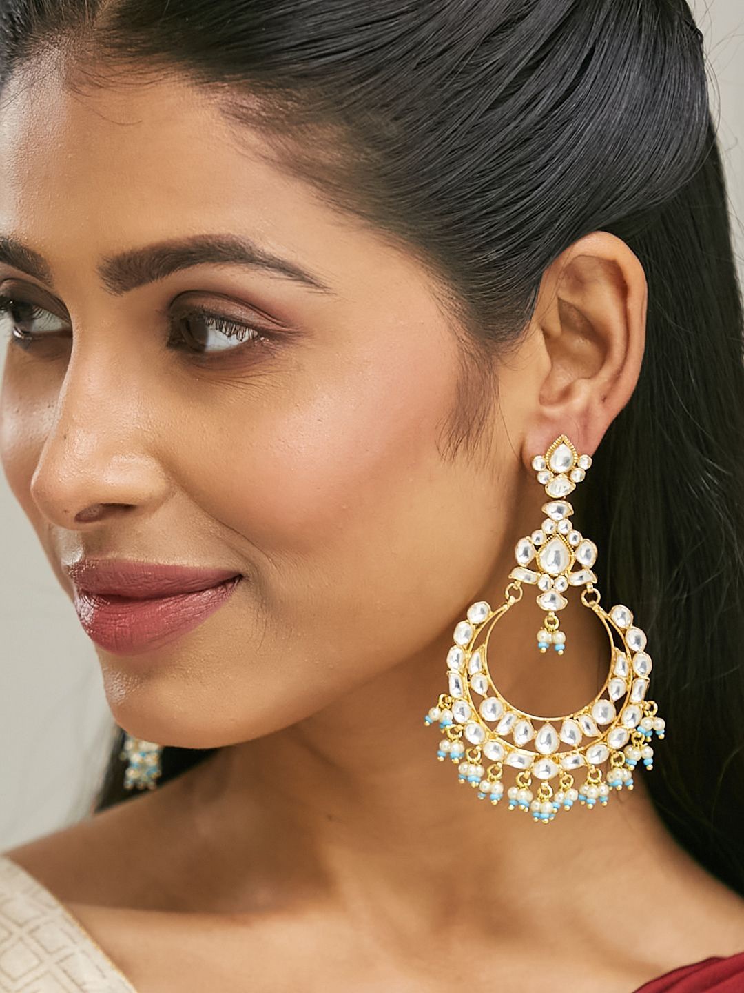 

Yinara 22K Gold-Plated Kundan Stone Studded & Pearl Beaded Chandbalis
